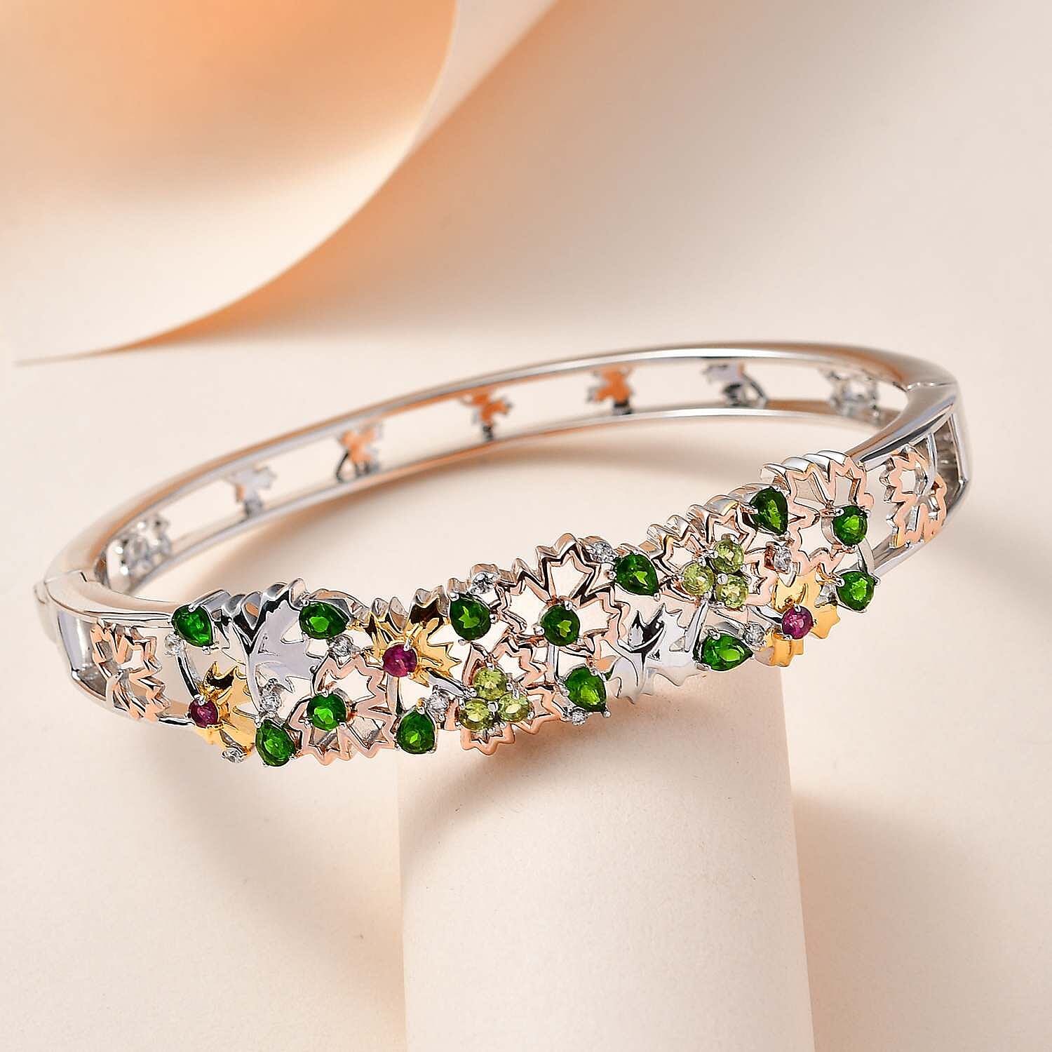 GP Maple Leaf Collection - Natural Chrome Diopside & Multi Gemstone Bangle (Size 7.5) in Two-Tone Plated Sterling Silver 3.65 Ct, Silver Wt. 25.80 Gms