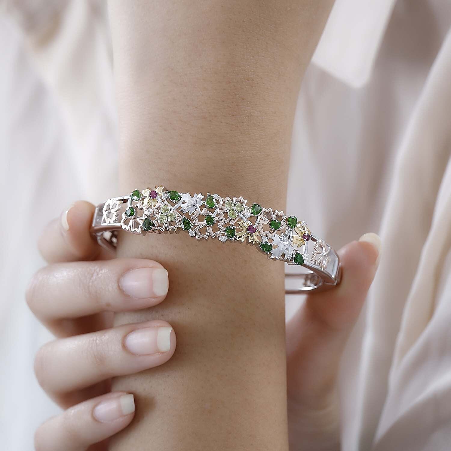 GP Maple Leaf Collection - Natural Chrome Diopside & Multi Gemstone Bangle (Size 7.5) in Two-Tone Plated Sterling Silver 3.65 Ct, Silver Wt. 25.80 Gms