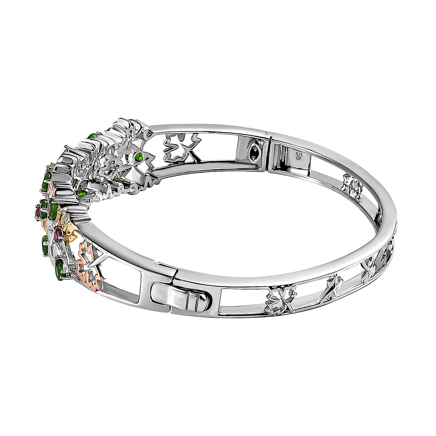 GP Maple Leaf Collection - Natural Chrome Diopside & Multi Gemstone Bangle (Size 7.5) in Two-Tone Plated Sterling Silver 3.65 Ct, Silver Wt. 25.80 Gms