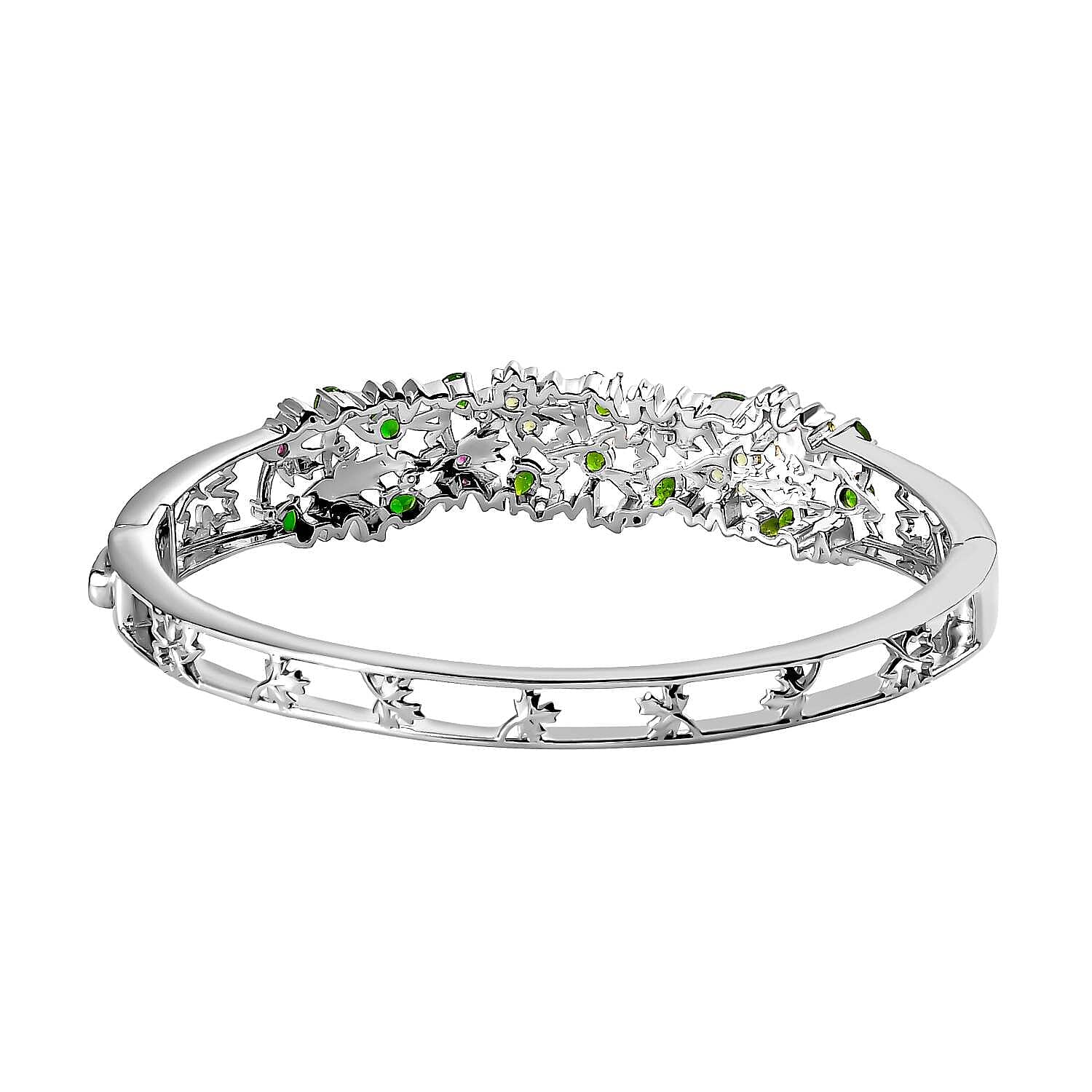 GP Maple Leaf Collection - Natural Chrome Diopside & Multi Gemstone Bangle (Size 7.5) in Two-Tone Plated Sterling Silver 3.65 Ct, Silver Wt. 25.80 Gms