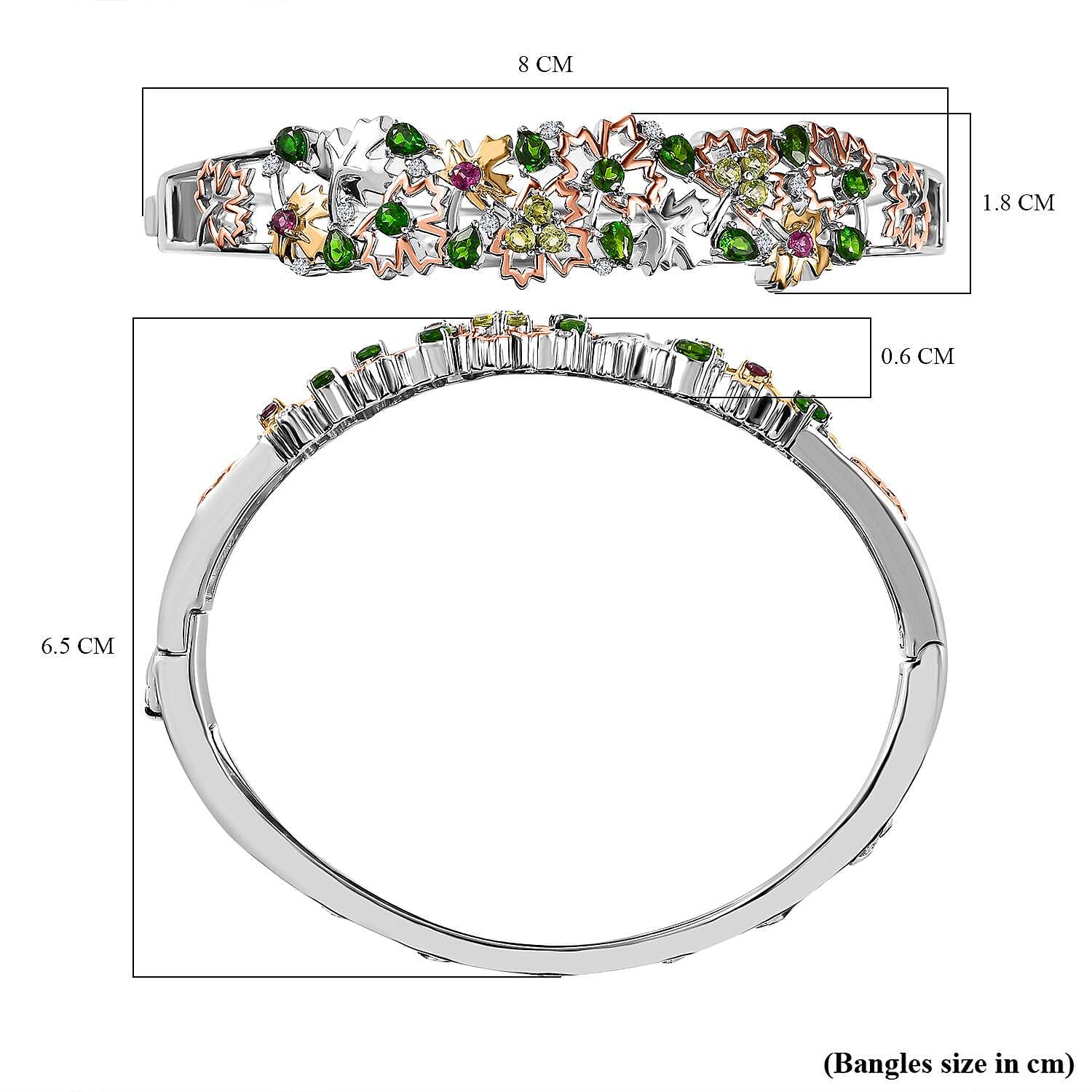 GP Maple Leaf Collection - Natural Chrome Diopside & Multi Gemstone Bangle (Size 7.5) in Two-Tone Plated Sterling Silver 3.65 Ct, Silver Wt. 25.80 Gms
