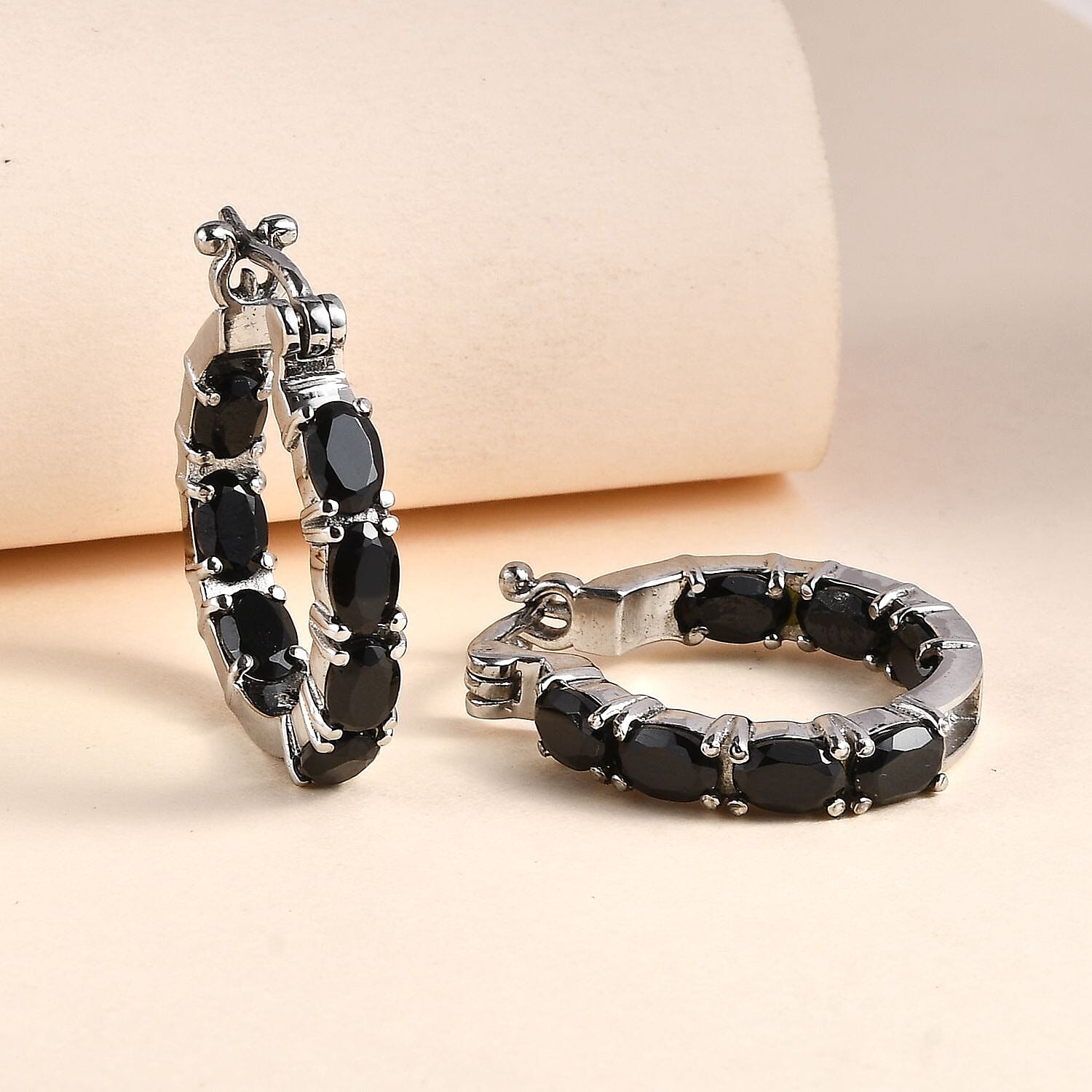 Black Spinel  J Hoop Half Hoop Earring 8.764 Ct.
