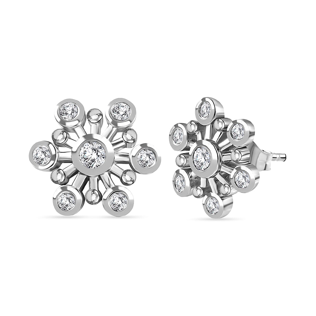 Moissanite Floral Earrings in Platinum Overlay Sterling Silver