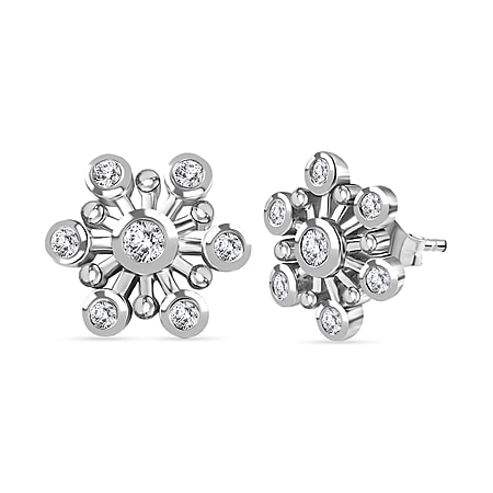 Moissanite Floral Stud Earrings in Platinum Overlay Sterling Silver