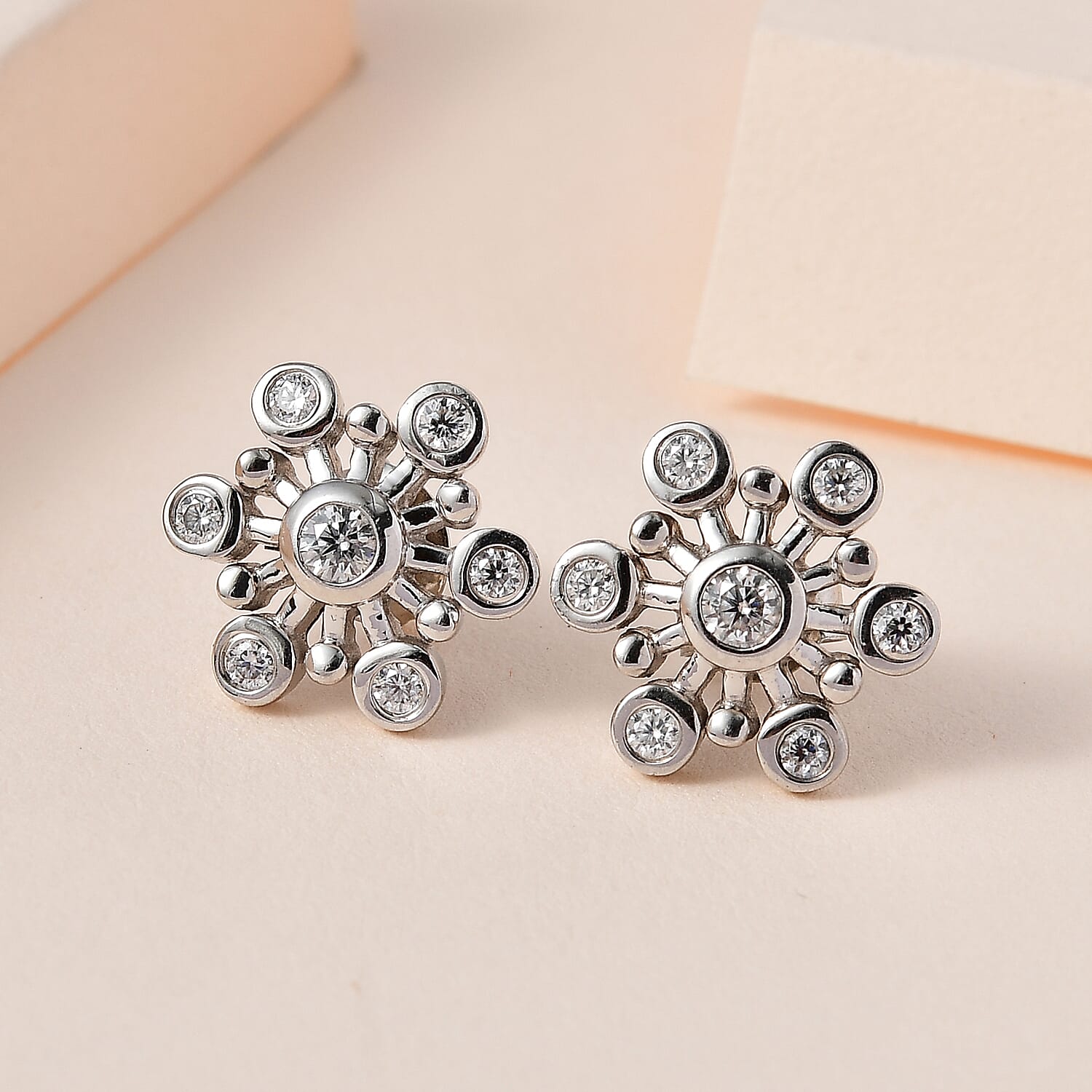 Moissanite Floral Earrings in Platinum Overlay Sterling Silver
