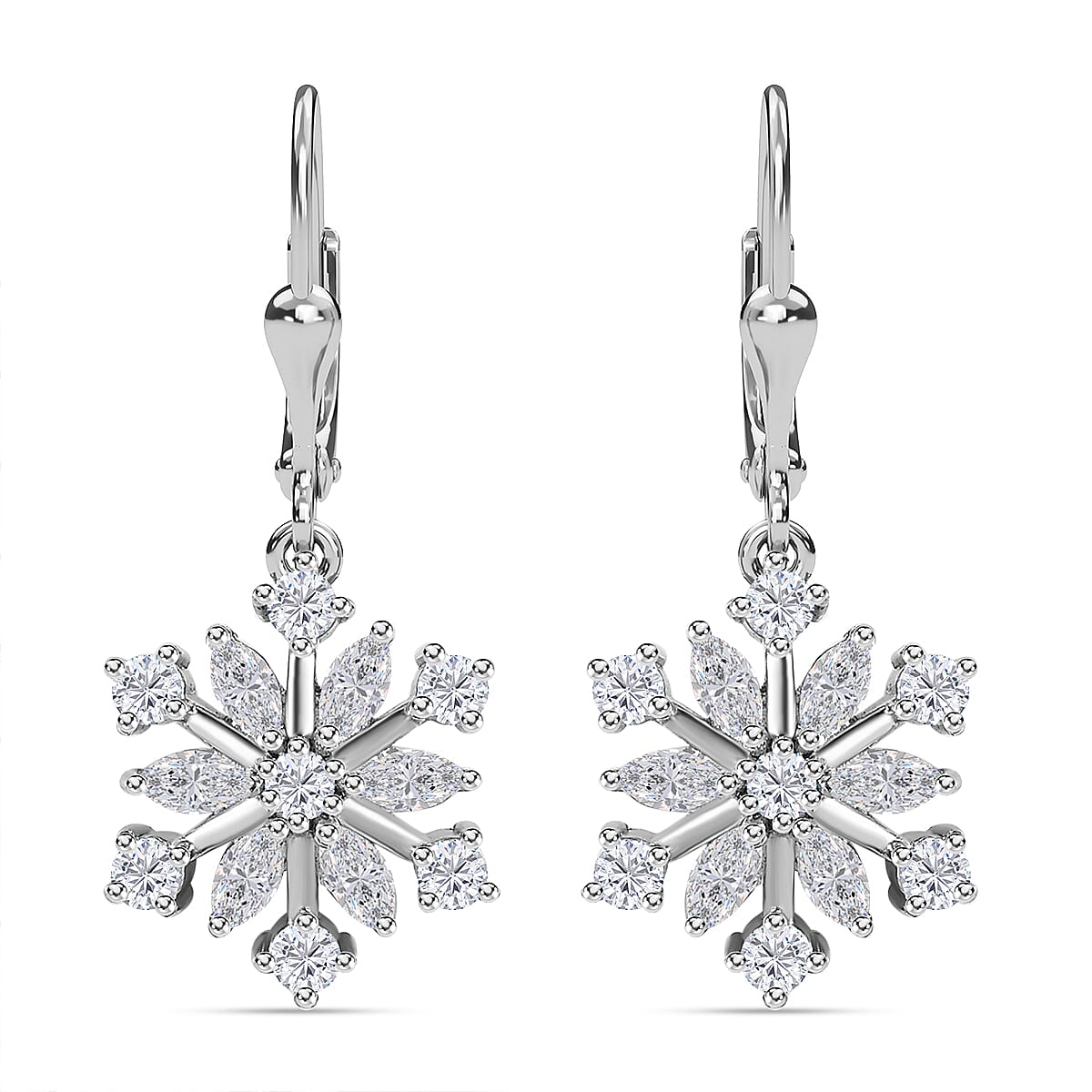 Moissanite Dangling Snowflake Earrings in Platinum Overlay Sterling Silver 1.48 Ct.