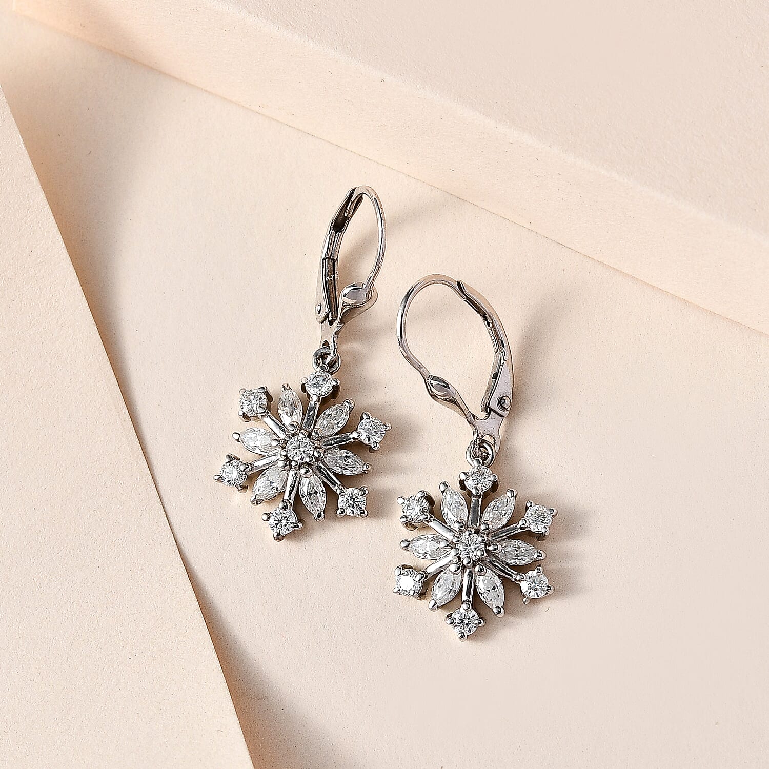 Moissanite Dangling Snowflake Earrings in Platinum Overlay Sterling Silver 1.48 Ct.