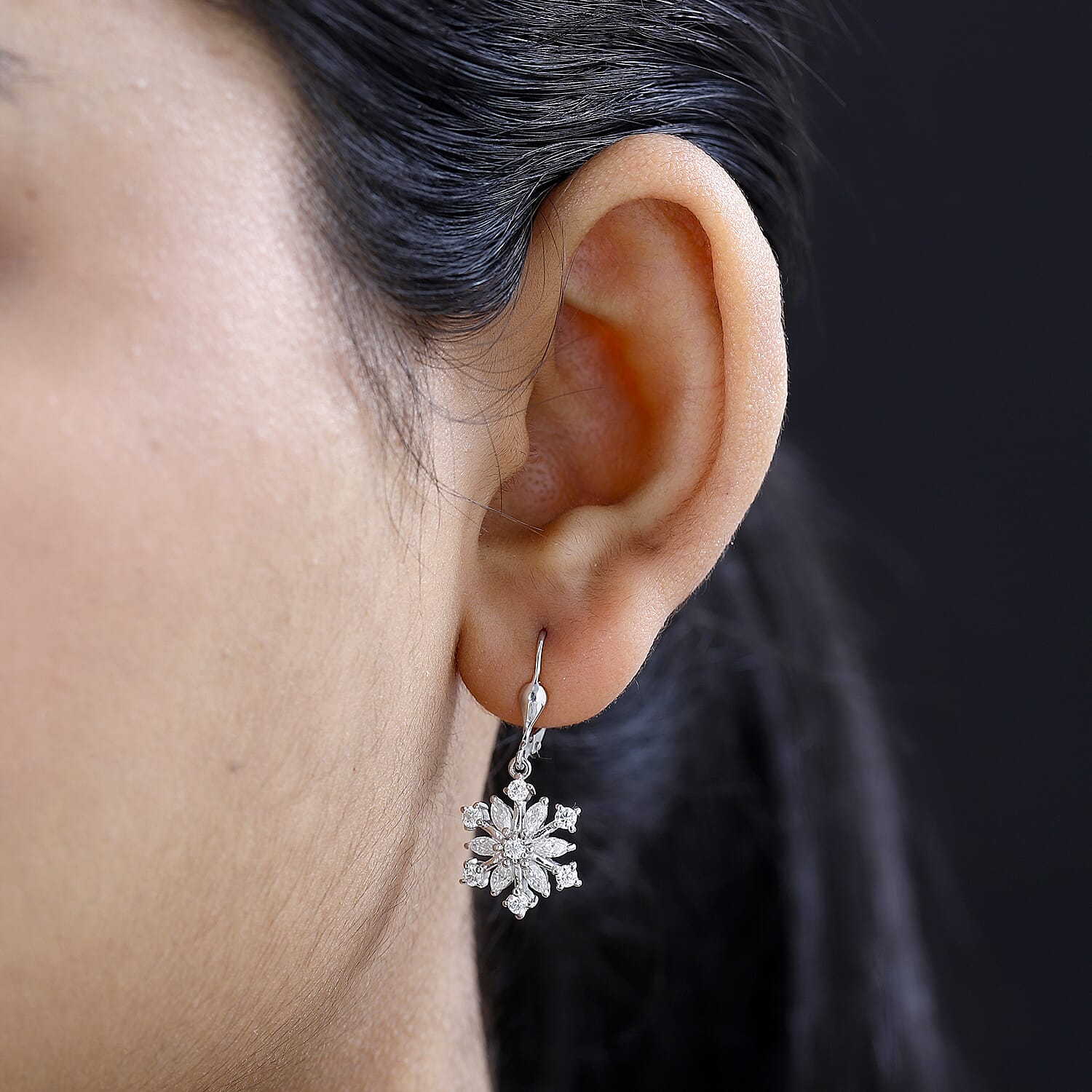Moissanite Dangling Snowflake Earrings in Platinum Overlay Sterling Silver 1.48 Ct.