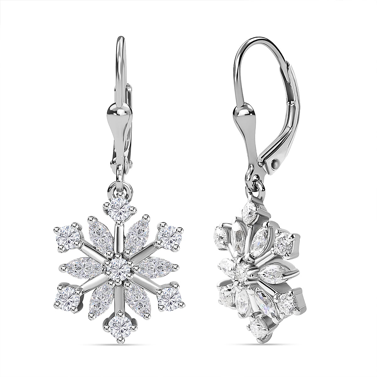 Moissanite Dangling Snowflake Earrings in Platinum Overlay Sterling Silver 1.48 Ct.