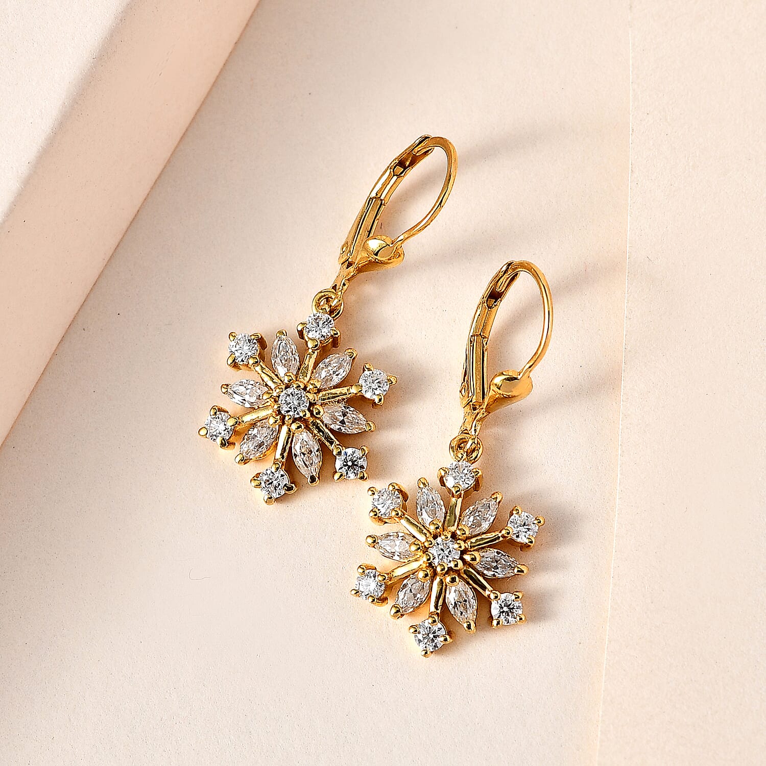 Moissanite Dangling Snowflake Earrings in 18K Yellow Gold Vermeil Plated Sterling Silver 1.48 Ct.