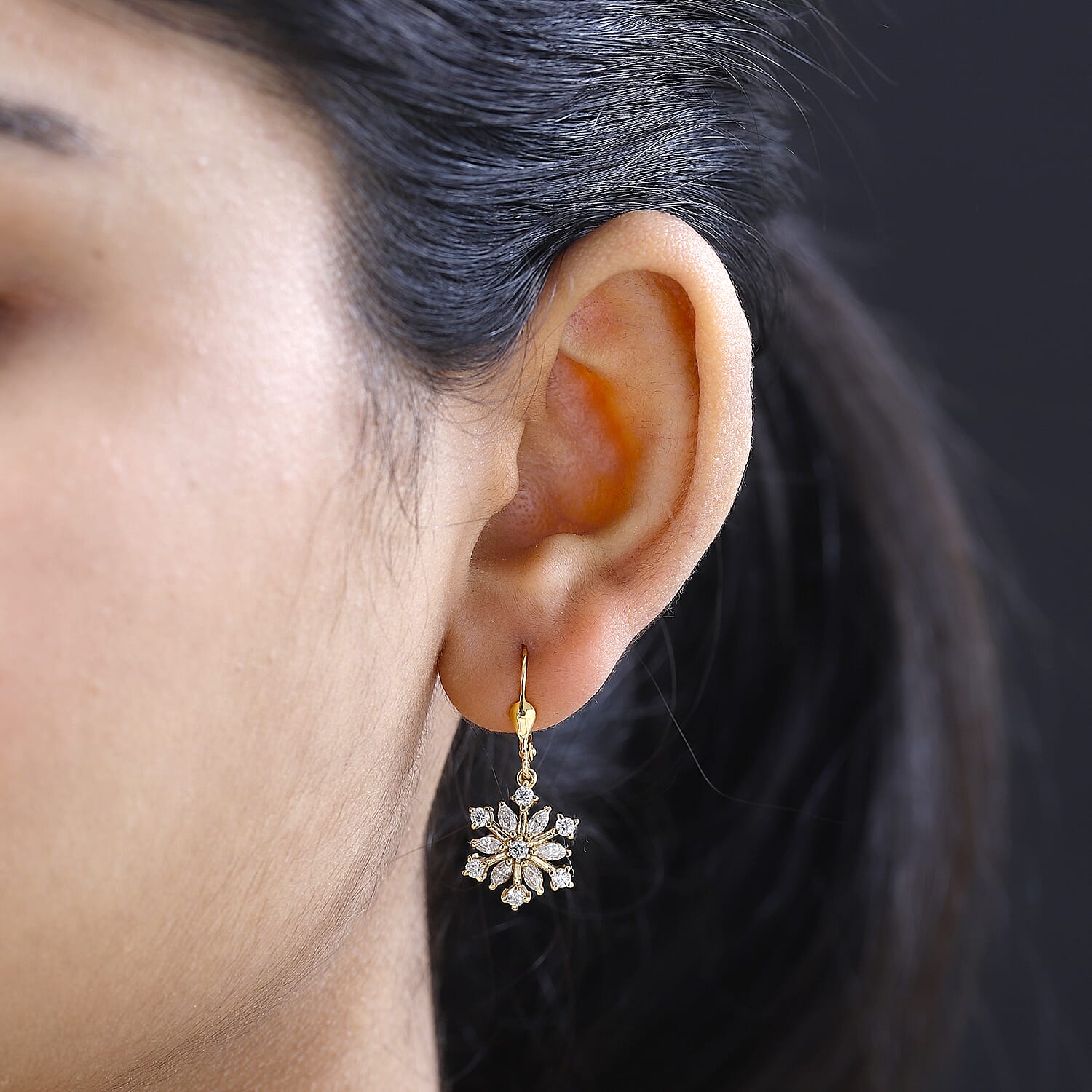 Moissanite Dangling Snowflake Earrings in 18K Yellow Gold Vermeil Plated Sterling Silver 1.48 Ct.