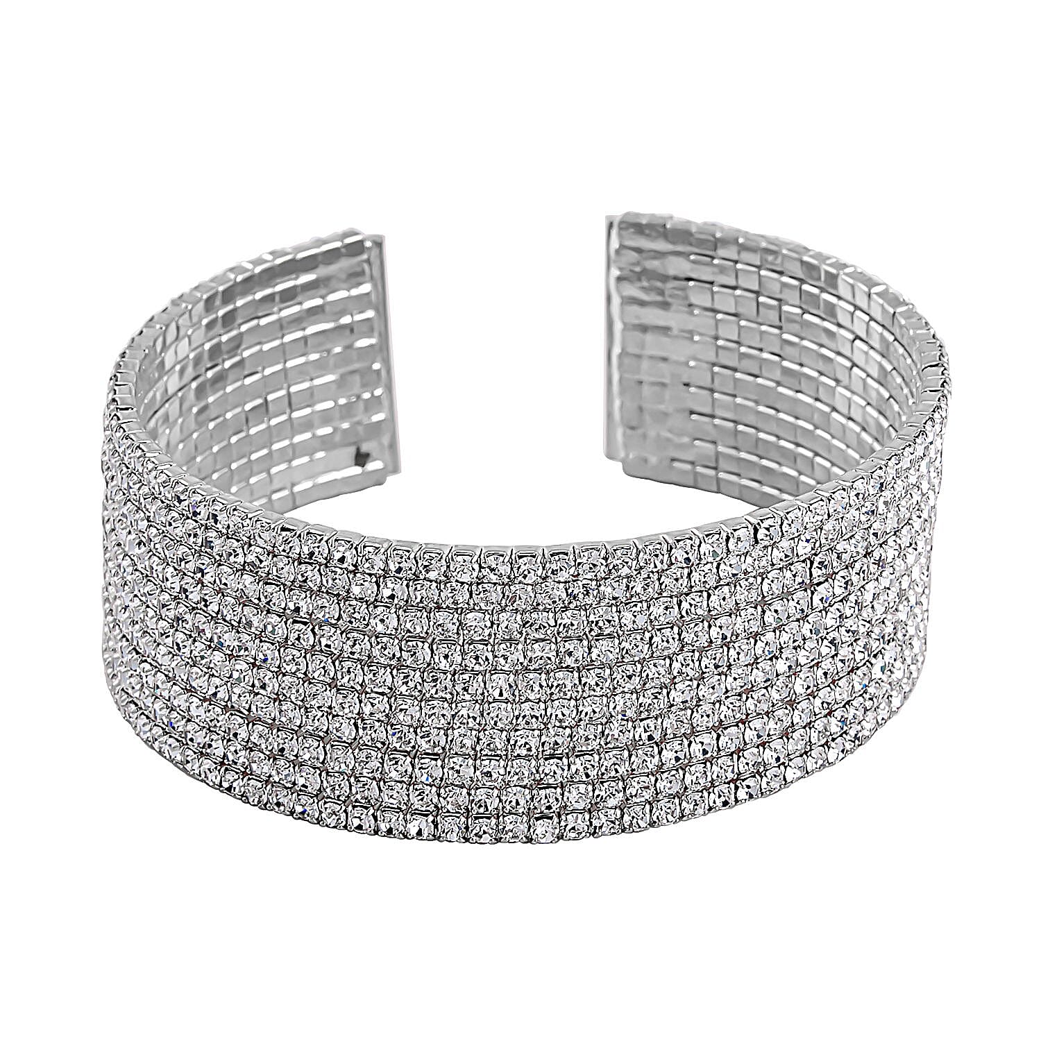 One Time Closeout - White Austrian Crystal Flexible Bangle (Size - 7.5) in Silver Tone