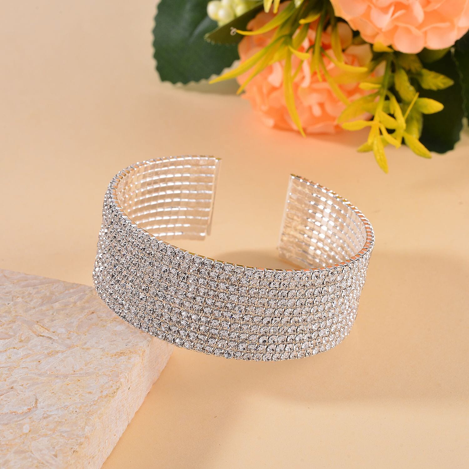 One Time Closeout - White Austrian Crystal Flexible Bangle (Size - 7.5) in Silver Tone