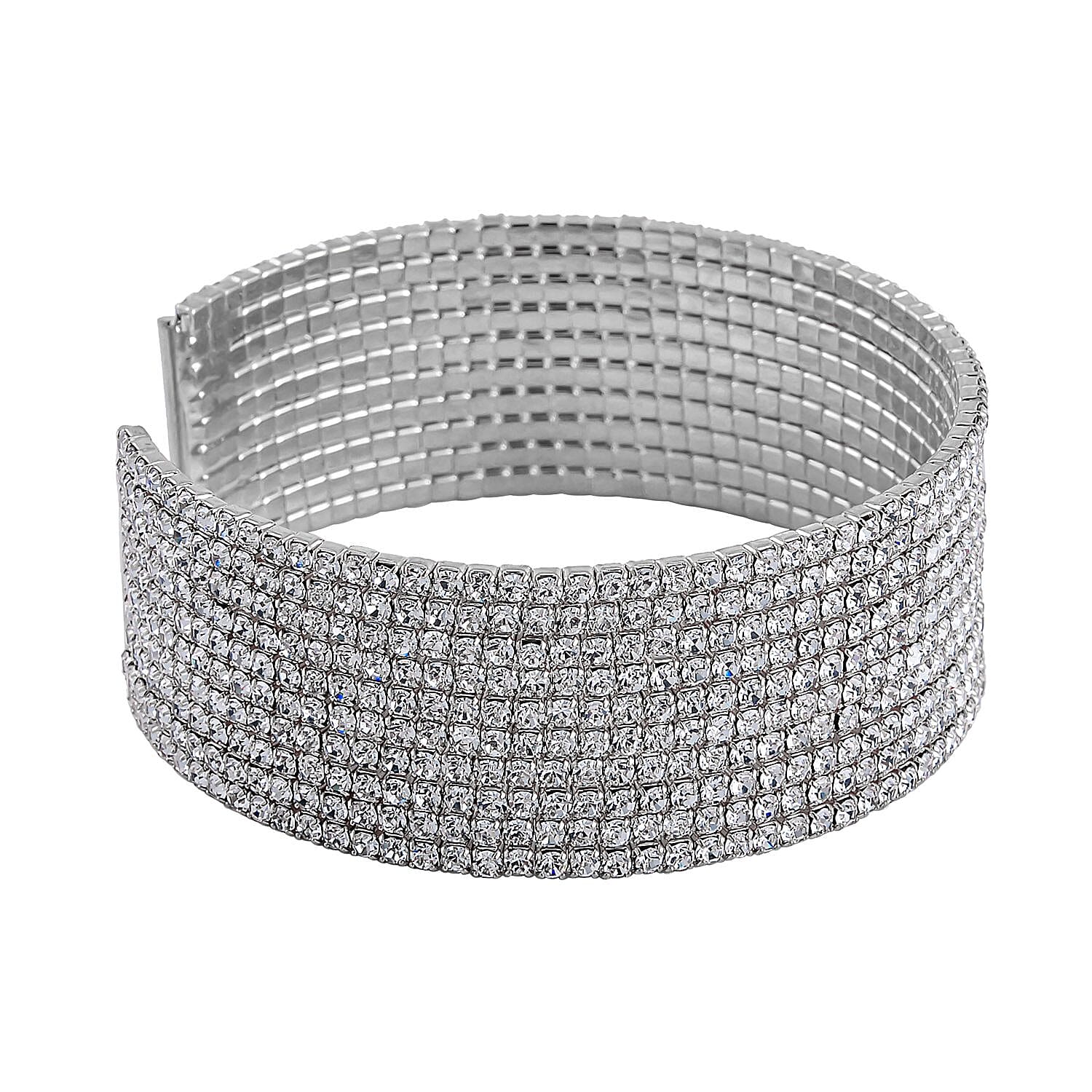 One Time Closeout - White Austrian Crystal Flexible Bangle (Size - 7.5) in Silver Tone
