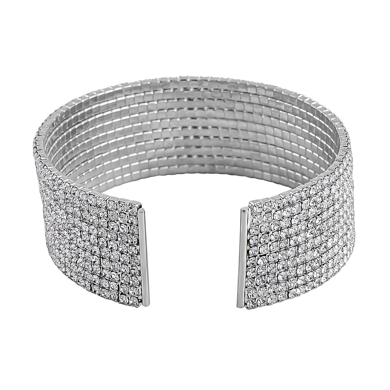 One Time Closeout - White Austrian Crystal Flexible Bangle (Size - 7.5) in Silver Tone