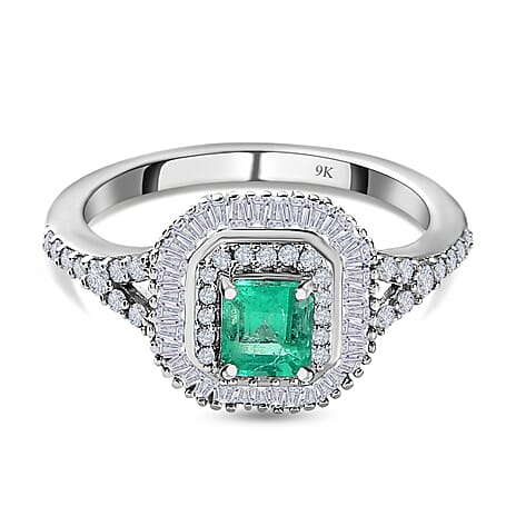 9K White Gold Colombian Emerald & Diamond Halo Ring 0.90 Ct. 9K White Gold Colombian Emerald & Diamond Halo Ring 0.90 Ct.