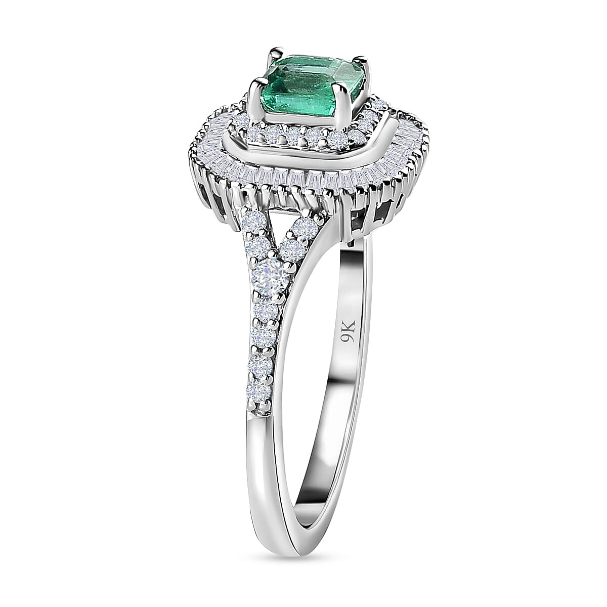 9K White Gold Colombian Emerald & Diamond Halo Ring 0.90 Ct.