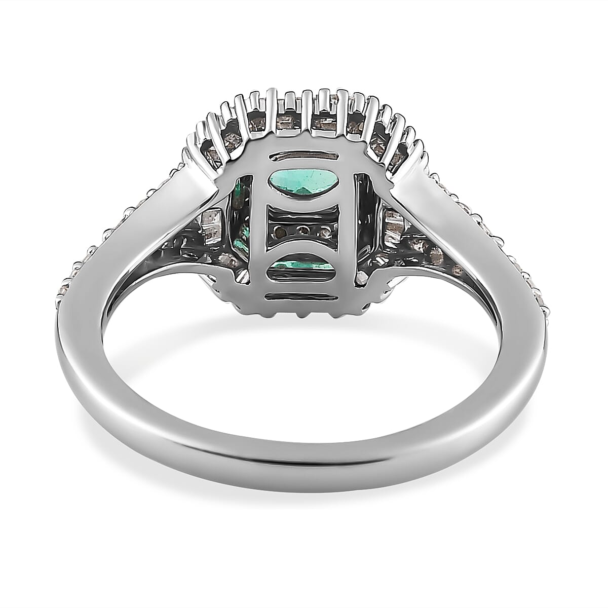9K White Gold Colombian Emerald & Diamond Halo Ring 0.90 Ct.