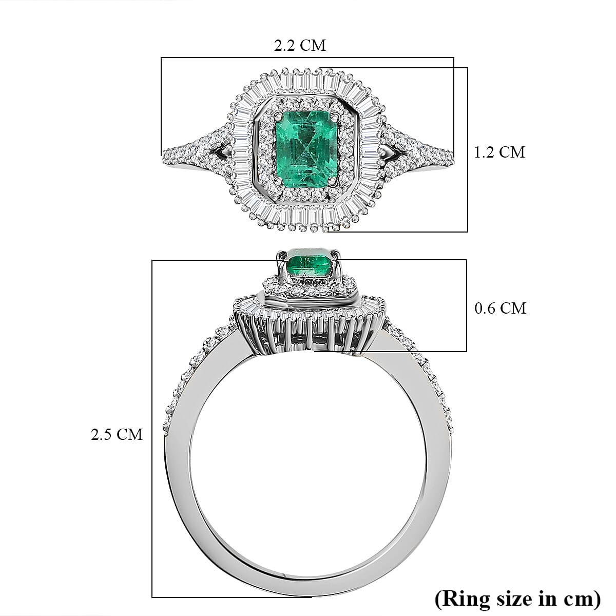 9K White Gold Colombian Emerald & Diamond Halo Ring 0.90 Ct.