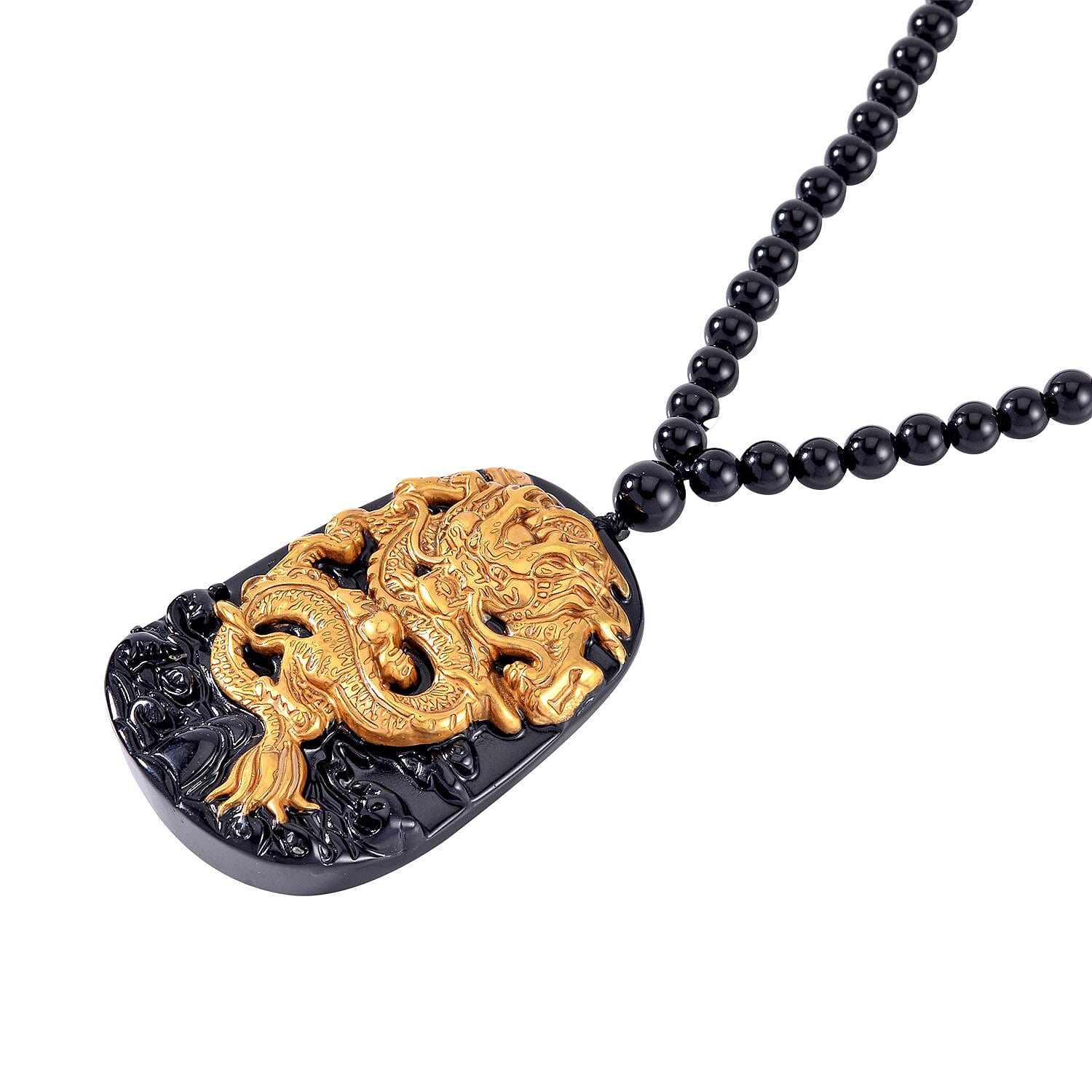 Black Obsidian Dragon Necklace (Size - 26) in 18K YG Overlay Sterling Silver
