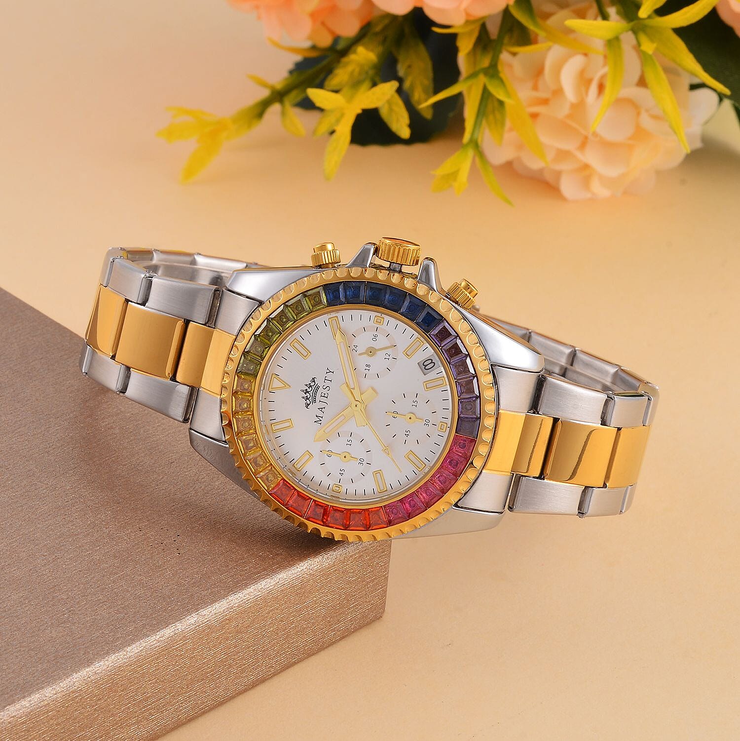 MAJESTY-  Exclusive Edition Multi Function Movement Watch with Cubic Zirconia Studded Dial and Metal Strap Watch withTwo Tone Colour Metal Strap.