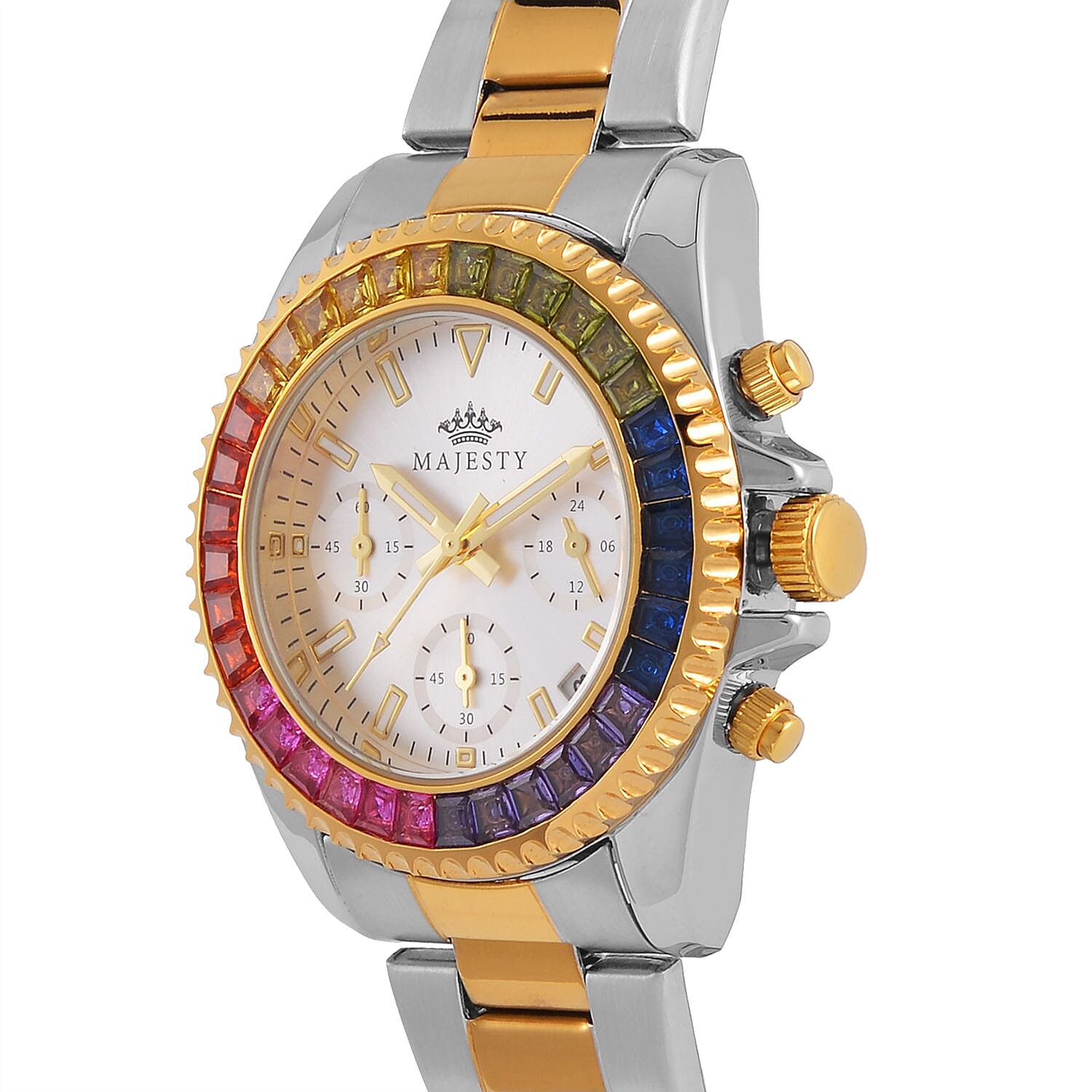 MAJESTY-  Exclusive Edition Multi Function Movement Watch with Cubic Zirconia Studded Dial and Metal Strap Watch withTwo Tone Colour Metal Strap.