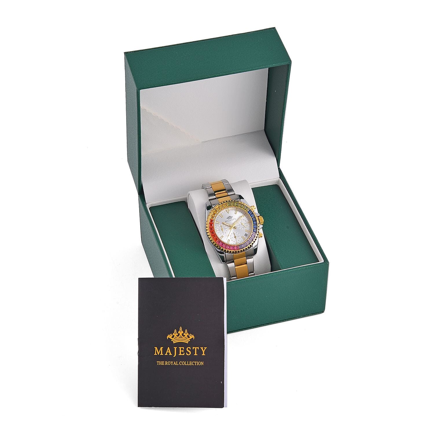 MAJESTY-  Exclusive Edition Multi Function Movement Watch with Cubic Zirconia Studded Dial and Metal Strap Watch withTwo Tone Colour Metal Strap.