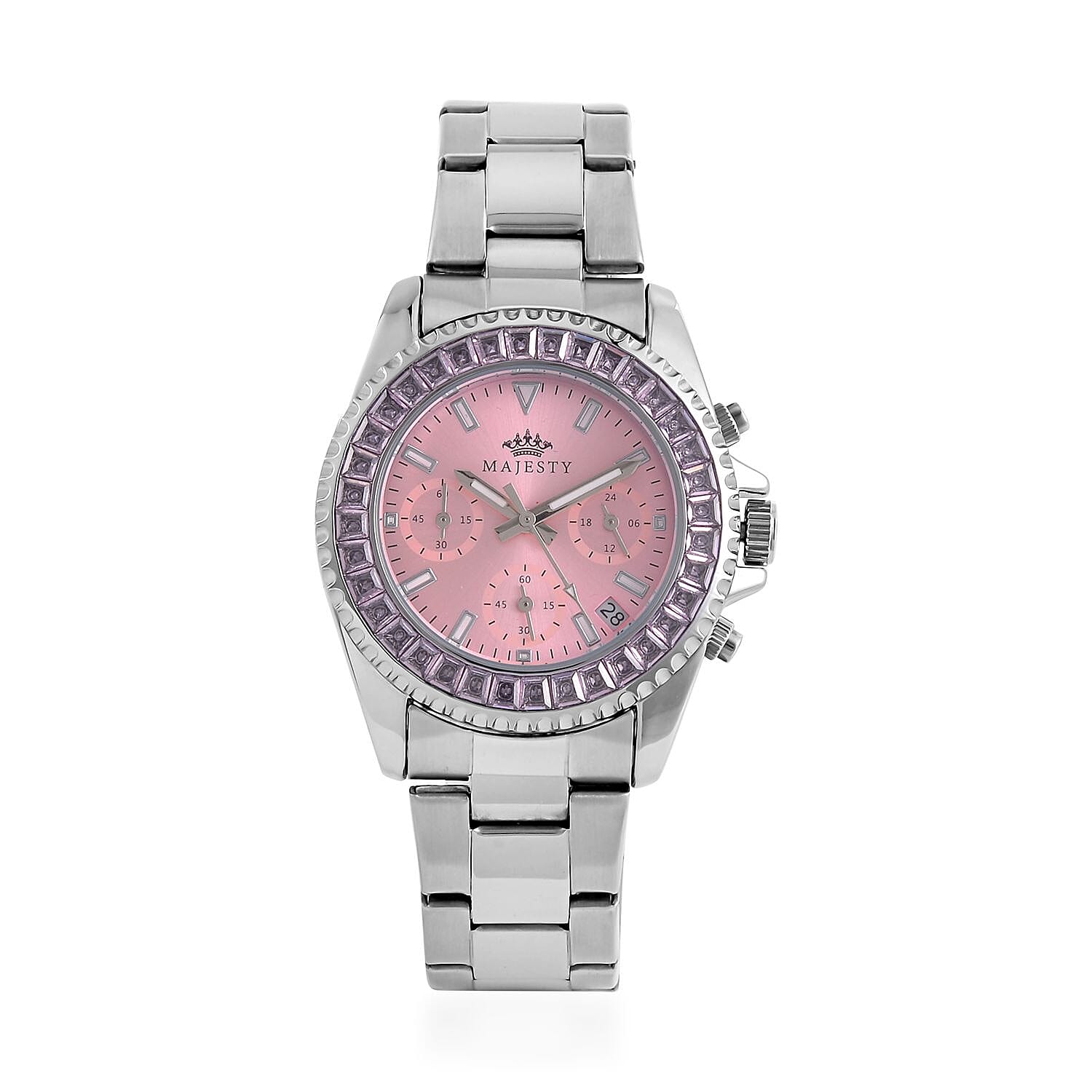 MAJESTY-  Exclusive Edition Multi Function Movement Watch with Cubic Zirconia Studded  Pink Dial and Metal Strap Watch with Gold Colour Metal Strap.