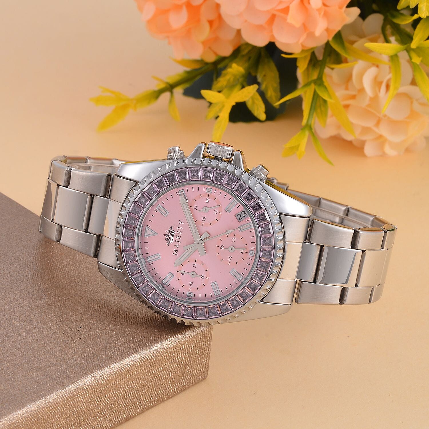 MAJESTY Multi Function Chronograph Movt. Pink Cubic Zirconia Studded Water Resistant 38mm Watch with Stainless Steel Chain Strap in Silver Tone