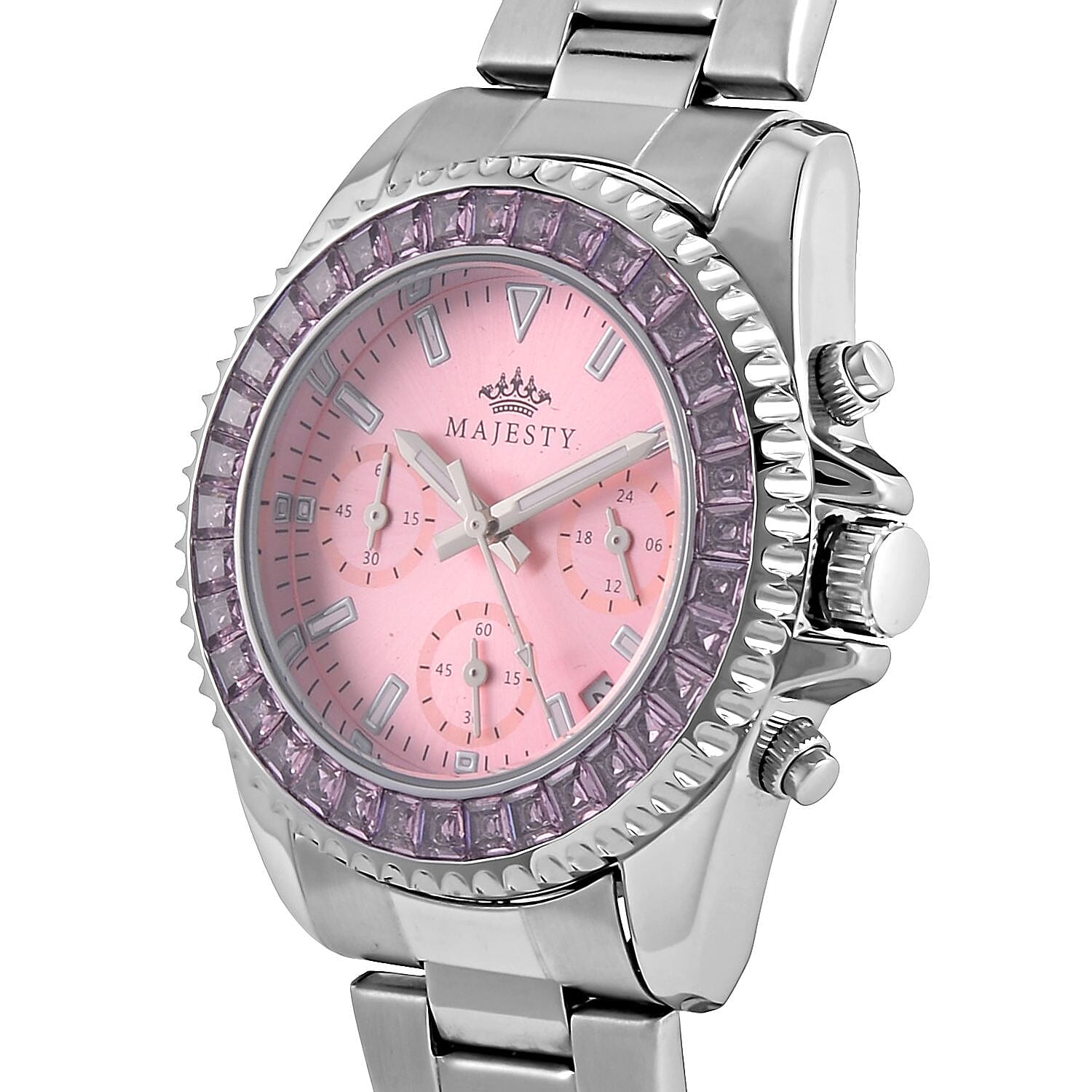 MAJESTY-  Exclusive Edition Multi Function Movement Watch with Cubic Zirconia Studded  Pink Dial and Metal Strap Watch with Gold Colour Metal Strap.