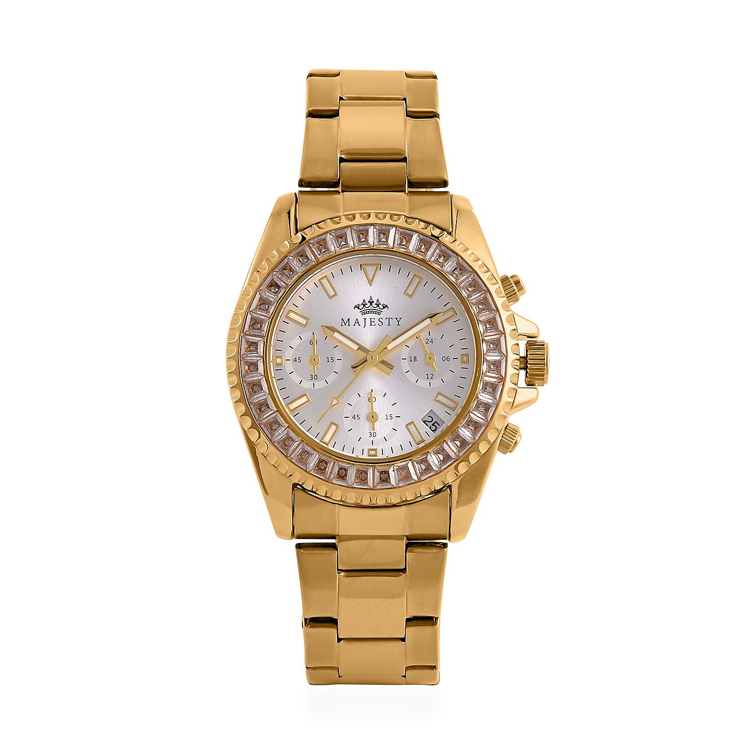 MAJESTY-  Exclusive Edition Multi Function Movt. Watch with Cubic Zirconia Studded Dial Watch with Gold Colour Metal Strap.