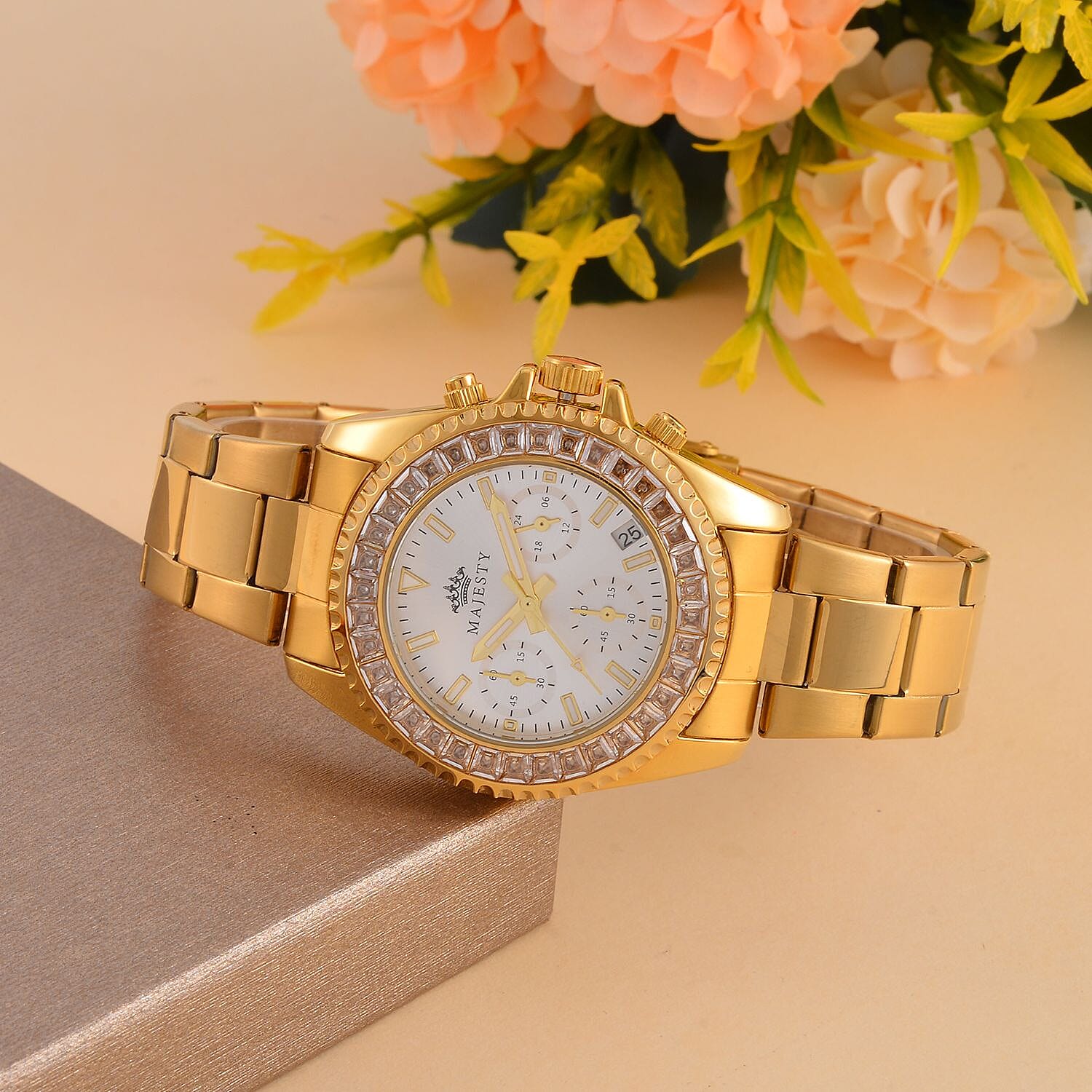 MAJESTY-  Exclusive Edition Multi Function Movt. Watch with Cubic Zirconia Studded Dial Watch with Gold Colour Metal Strap.
