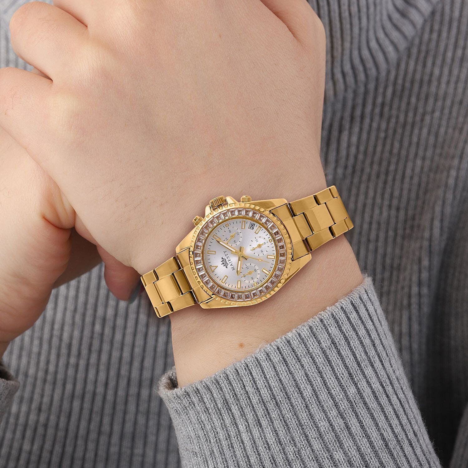 MAJESTY-  Exclusive Edition Multi Function Movt. Watch with Cubic Zirconia Studded Dial Watch with Gold Colour Metal Strap.