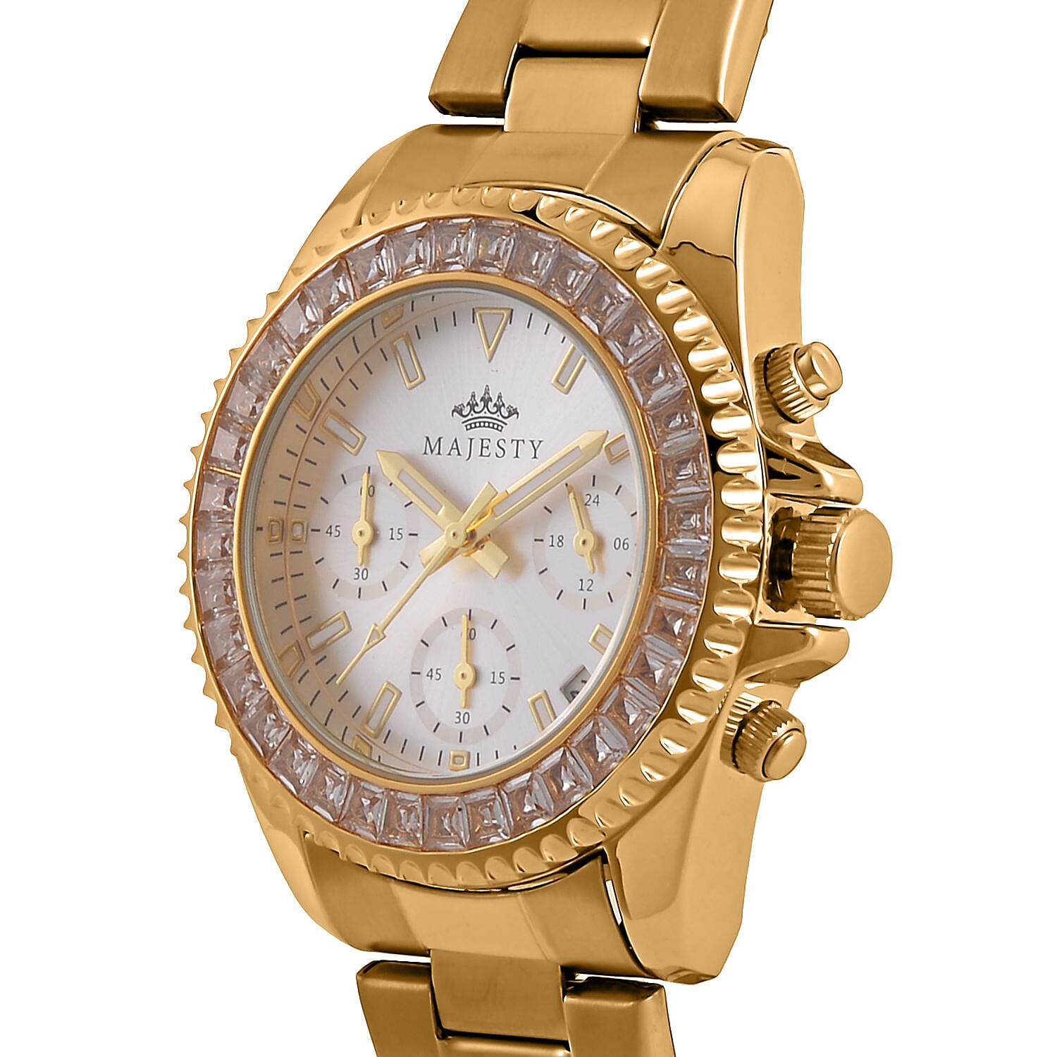 MAJESTY-  Exclusive Edition Multi Function Movt. Watch with Cubic Zirconia Studded Dial Watch with Gold Colour Metal Strap.