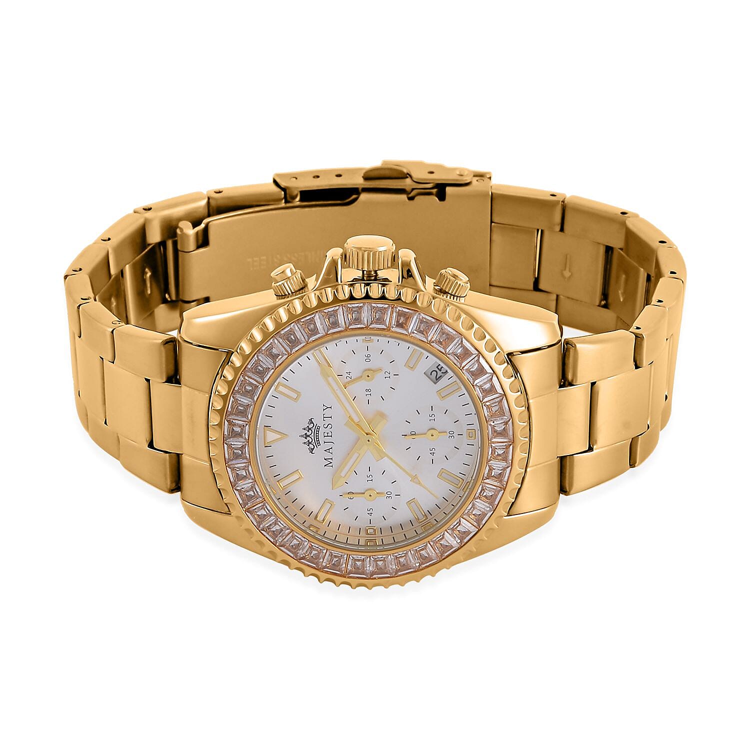 MAJESTY-  Exclusive Edition Multi Function Movt. Watch with Cubic Zirconia Studded Dial Watch with Gold Colour Metal Strap.