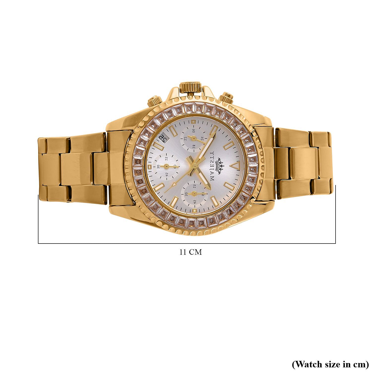 MAJESTY-  Exclusive Edition Multi Function Movt. Watch with Cubic Zirconia Studded Dial Watch with Gold Colour Metal Strap.