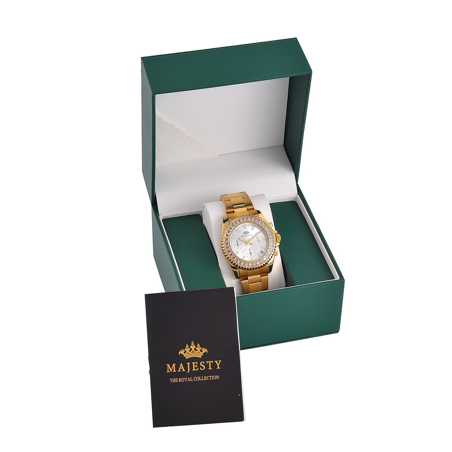 MAJESTY-  Exclusive Edition Multi Function Movt. Watch with Cubic Zirconia Studded Dial Watch with Gold Colour Metal Strap.