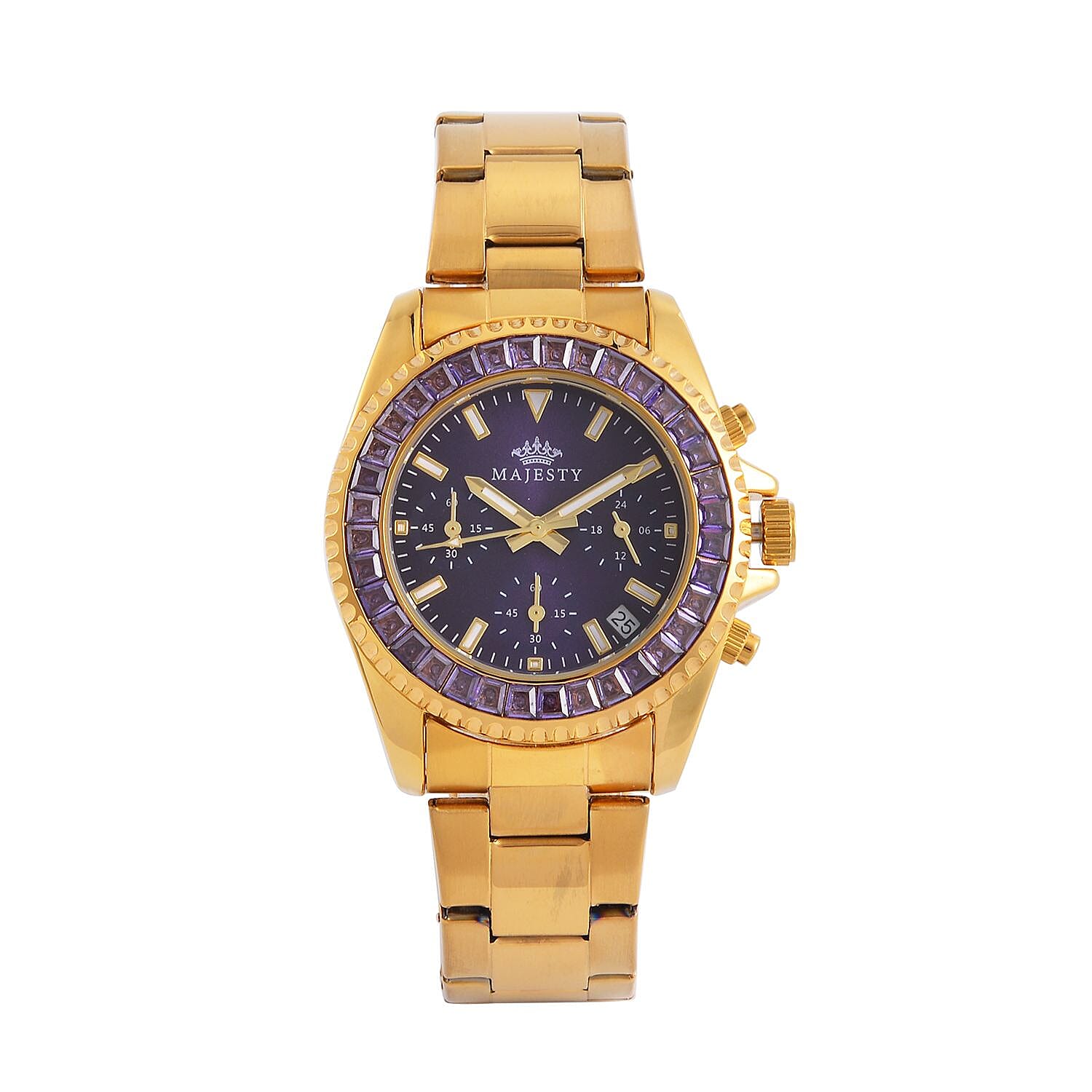 MAJESTY Multi Function Chronograph Movt. Purple Cubic Zirconia Studded Water Resistant 38mm Watch with Stainless steel Chain Strap in Gold Tone