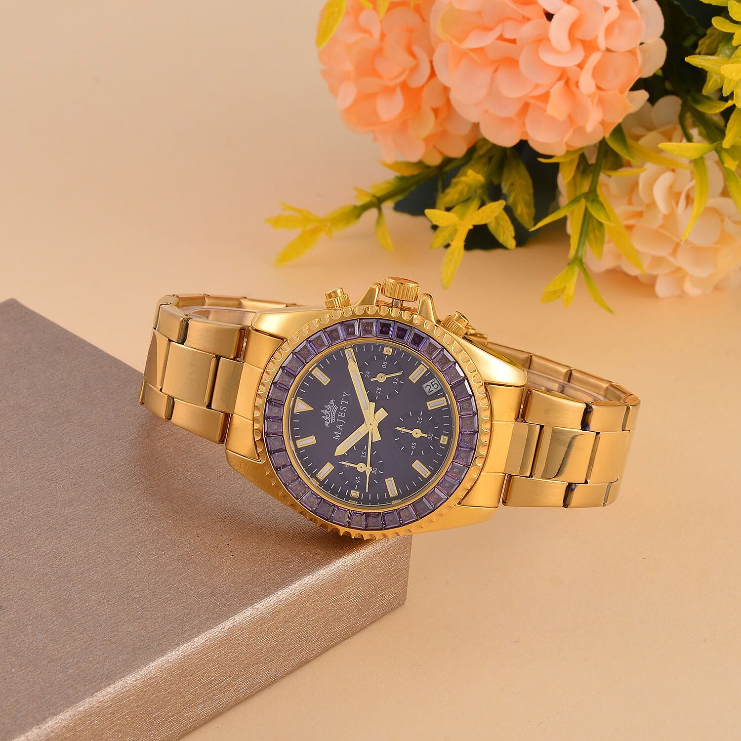 MAJESTY Multi Function Chronograph Movt. Purple Cubic Zirconia Studded Water Resistant 38mm Watch with Stainless steel Chain Strap in Gold Tone