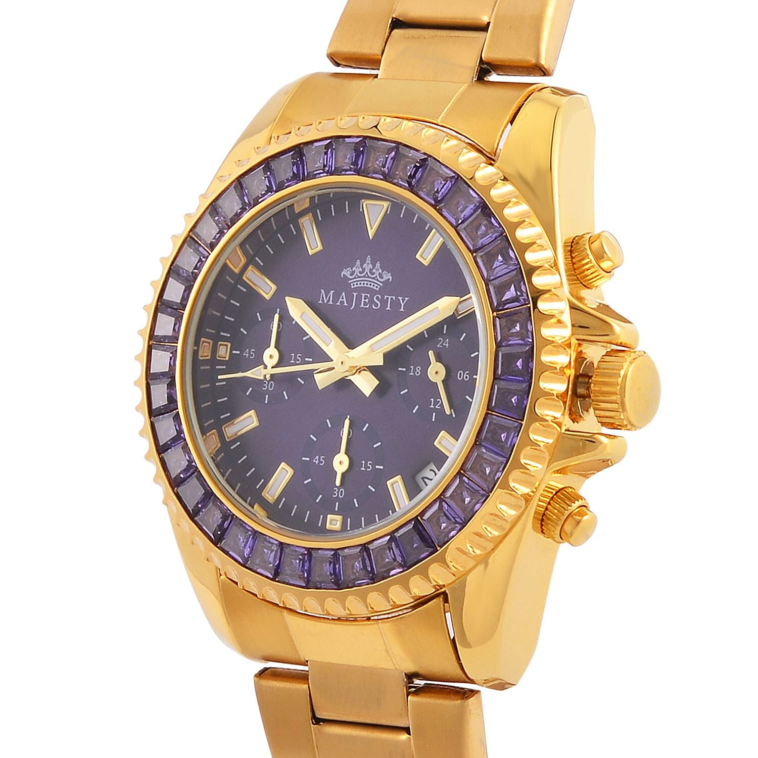 MAJESTY Multi Function Chronograph Movt. Purple Cubic Zirconia Studded Water Resistant 38mm Watch with Stainless steel Chain Strap in Gold Tone