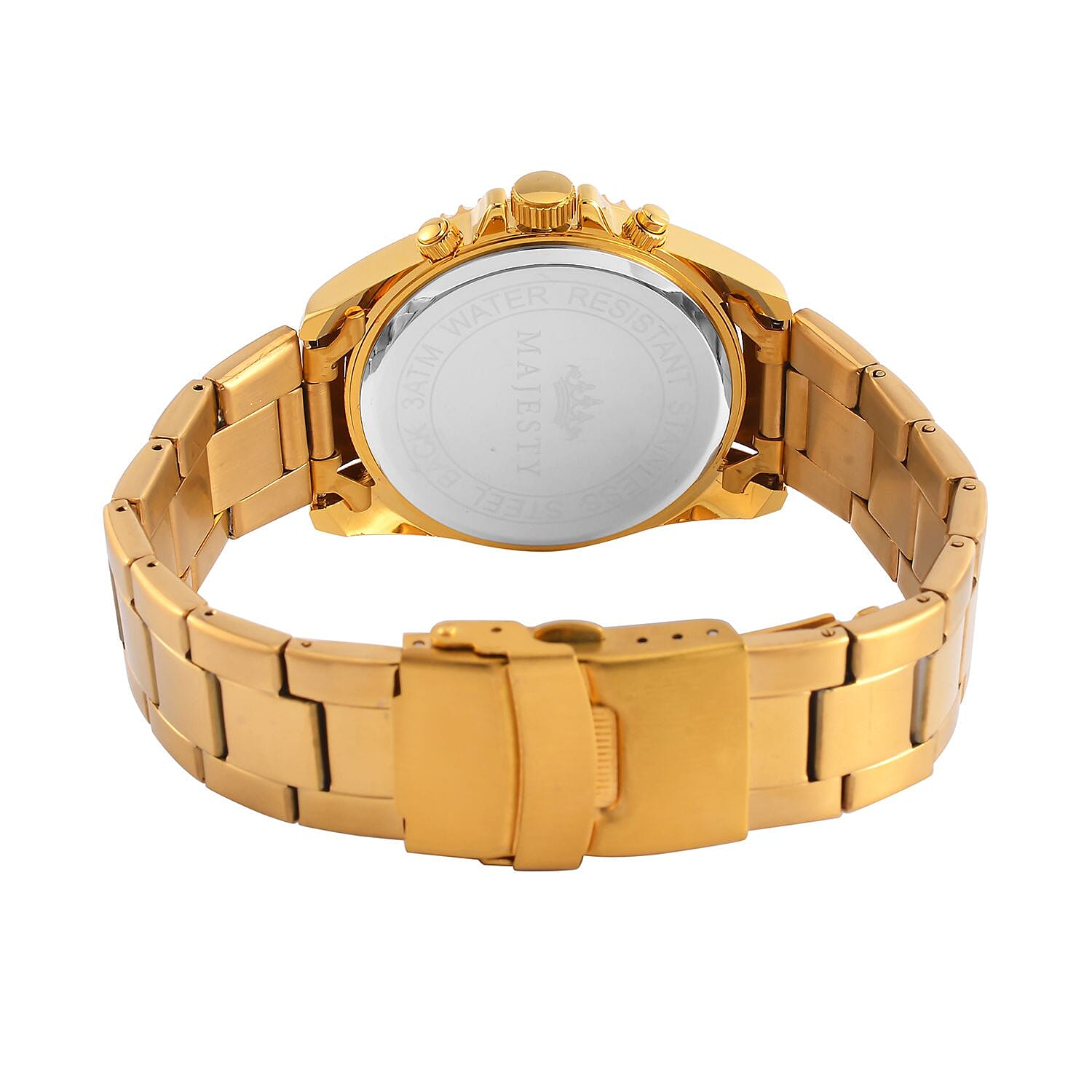 MAJESTY Multi Function Chronograph Movt. Purple Cubic Zirconia Studded Water Resistant 38mm Watch with Stainless steel Chain Strap in Gold Tone