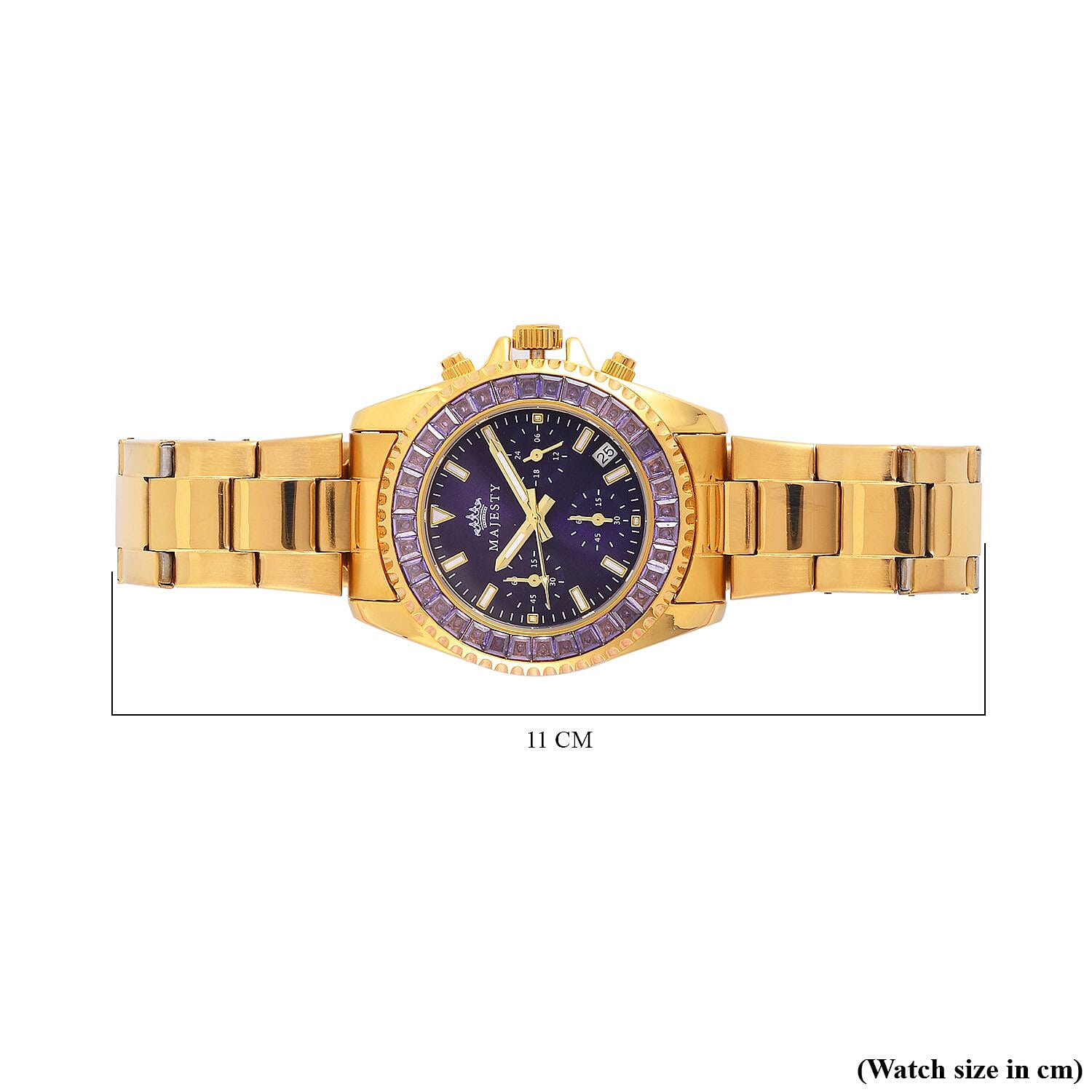 MAJESTY Multi Function Chronograph Movt. Purple Cubic Zirconia Studded Water Resistant 38mm Watch with Stainless steel Chain Strap in Gold Tone