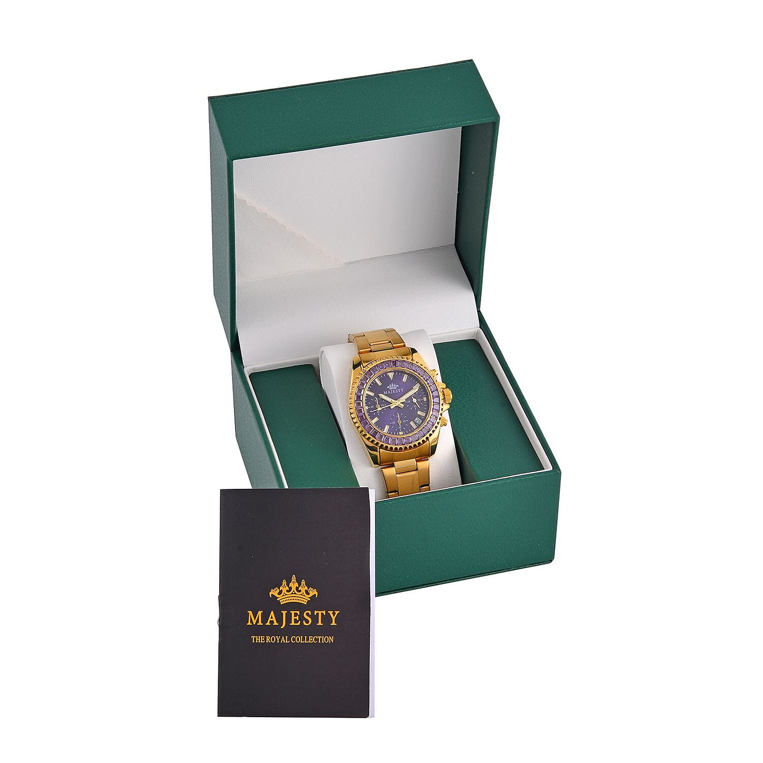 MAJESTY Multi Function Chronograph Movt. Purple Cubic Zirconia Studded Water Resistant 38mm Watch with Stainless steel Chain Strap in Gold Tone
