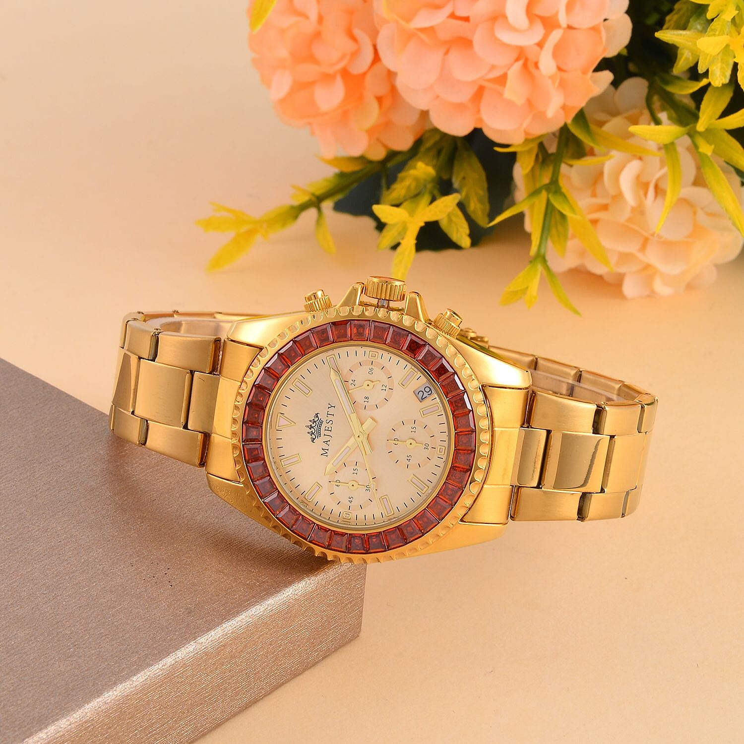 MAJESTY-  Exclusive Edition Multi Function Movt. Watch with Cubic Zirconia Studded Gold Dial Watch with Gold Colour Metal Strap.