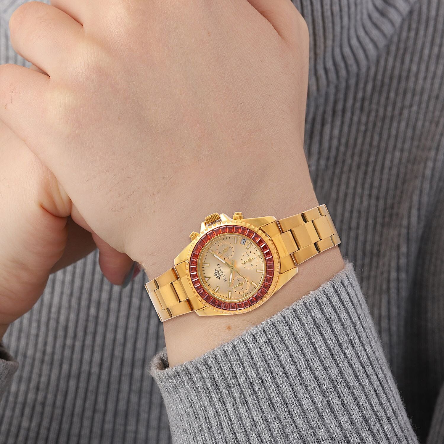 MAJESTY-  Exclusive Edition Multi Function Movt. Watch with Cubic Zirconia Studded Gold Dial Watch with Gold Colour Metal Strap.