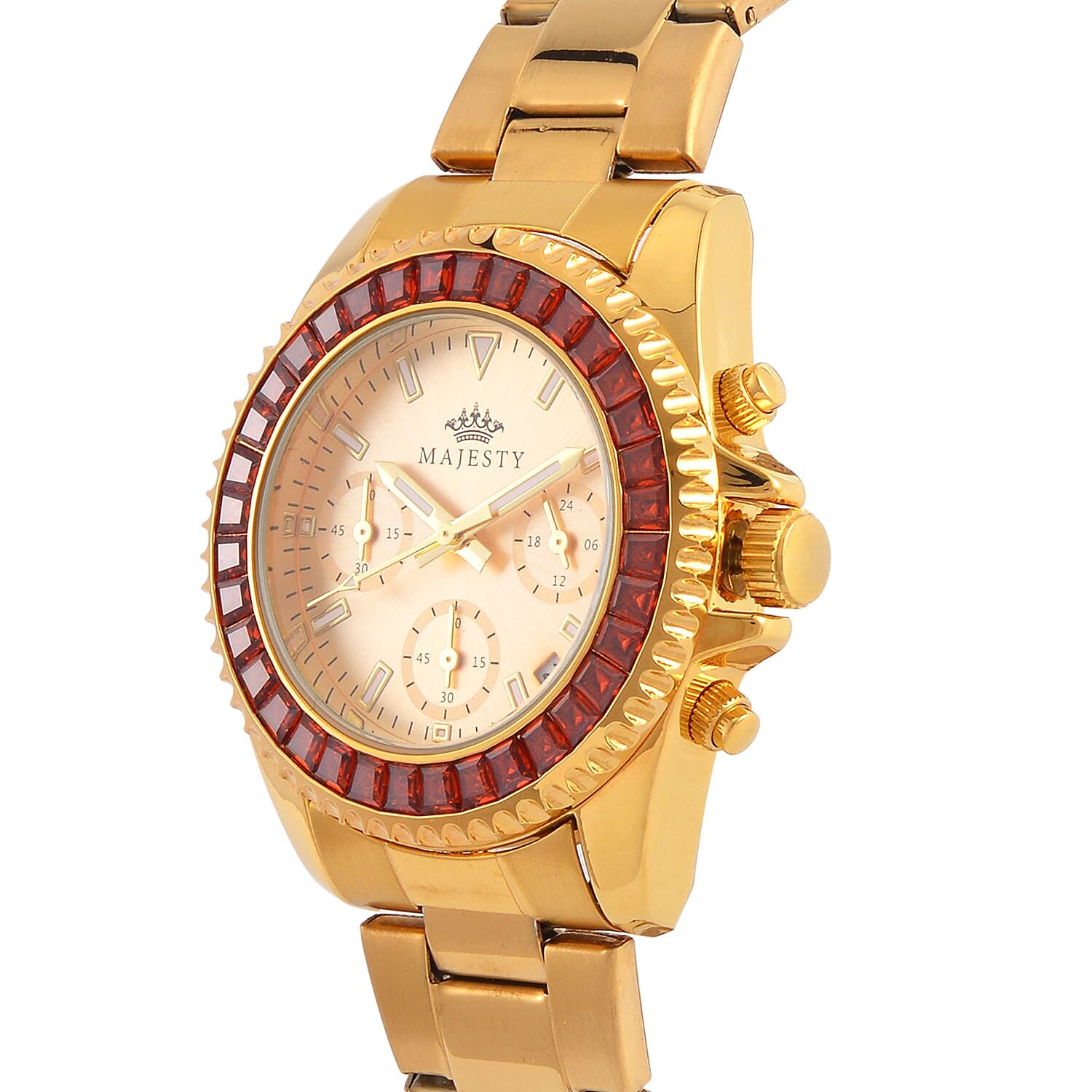 MAJESTY-  Exclusive Edition Multi Function Movt. Watch with Cubic Zirconia Studded Gold Dial Watch with Gold Colour Metal Strap.