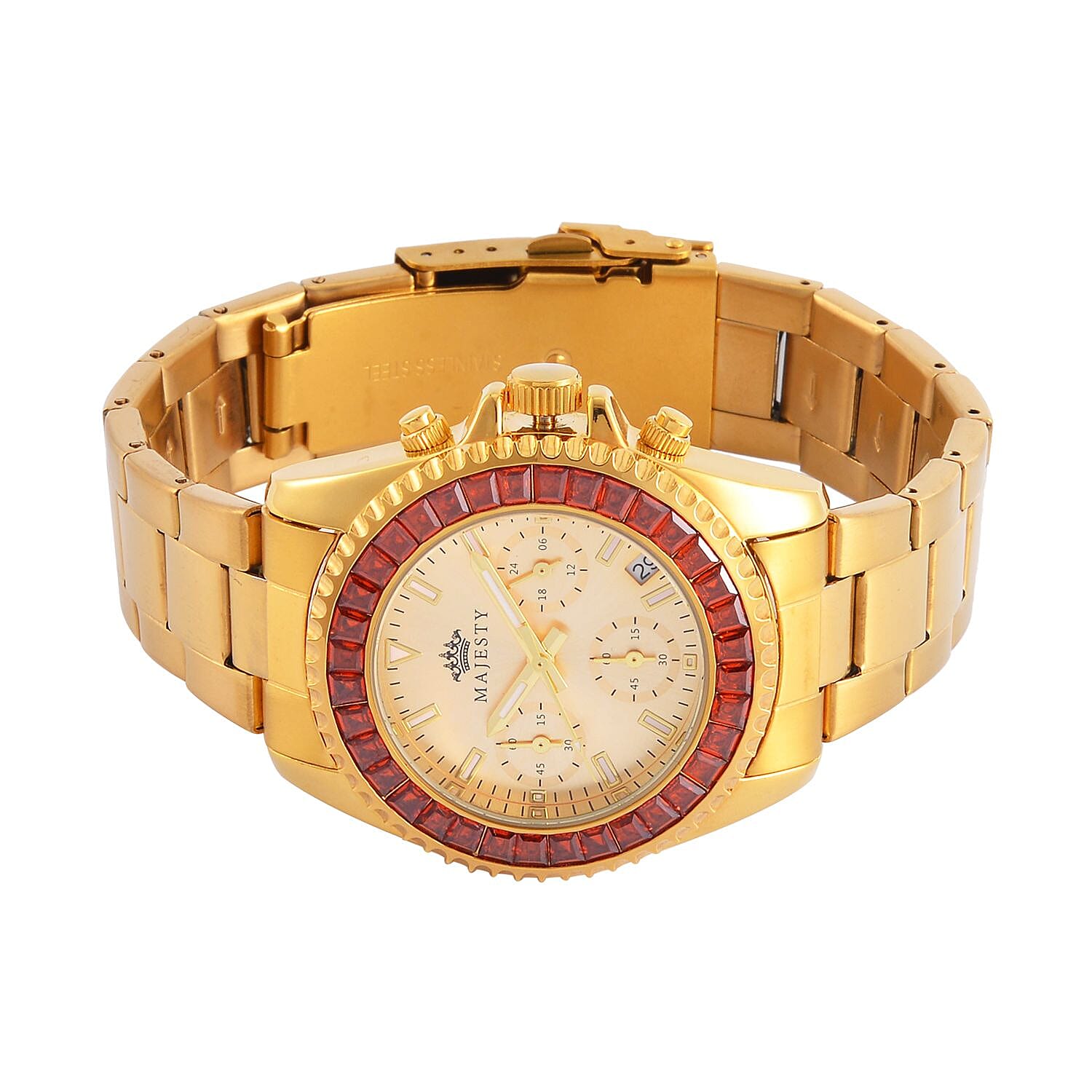 MAJESTY-  Exclusive Edition Multi Function Movt. Watch with Cubic Zirconia Studded Gold Dial Watch with Gold Colour Metal Strap.