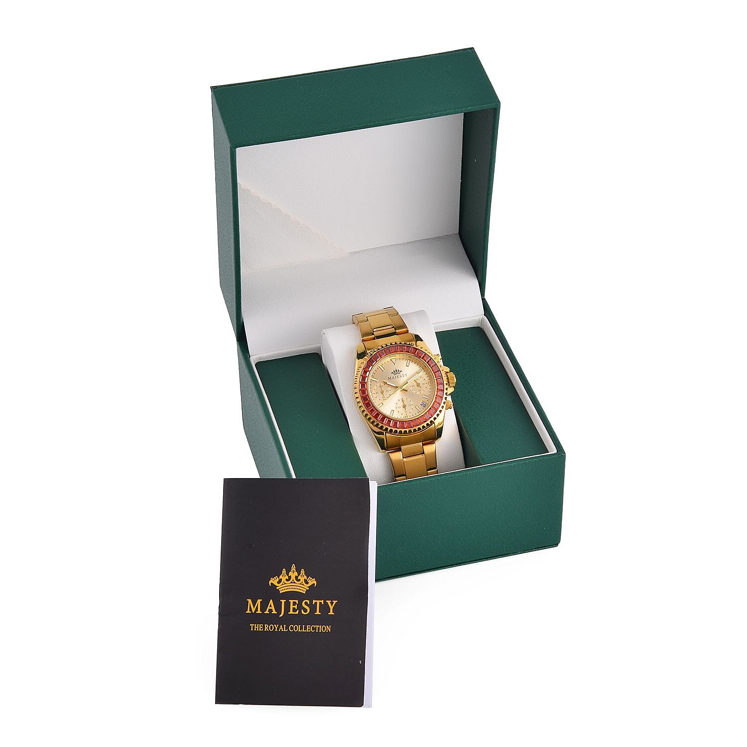 MAJESTY-  Exclusive Edition Multi Function Movt. Watch with Cubic Zirconia Studded Gold Dial Watch with Gold Colour Metal Strap.
