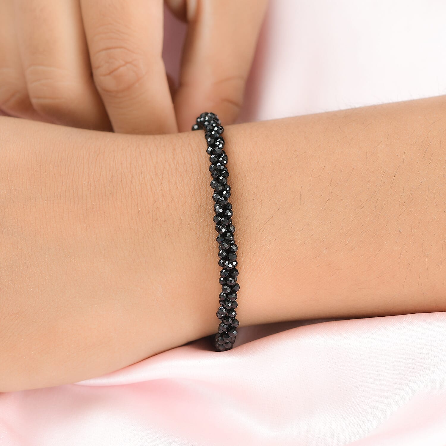 Boi Ploi Black Spinel Beads Bracelet (Size - 7.5) in Rhodium Overlay Sterling Silver 26.55 Ct.