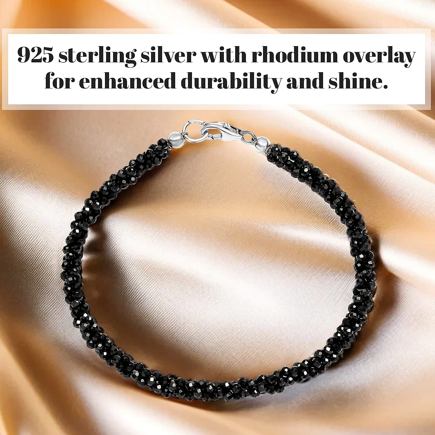Boi Ploi Black Spinel Beads Bracelet (Size - 7.5) in Rhodium Overlay Sterling Silver 26.55 Ct.